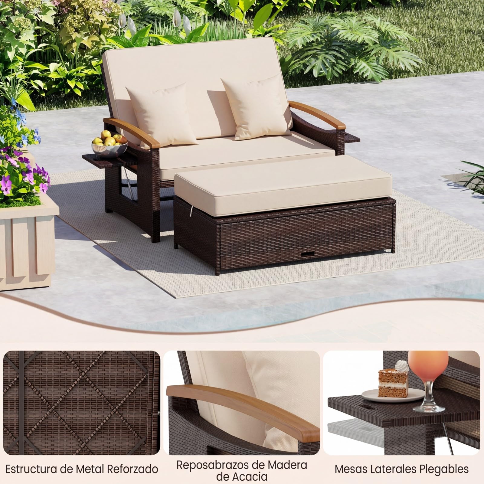 COSTWAY Sofa Exterior de Ratán con Reposapiés de Almacenamiento, 2 Plazas Tumbona Acolchado, Cama Respaldo Ajustable de 4 Niveles, Bandejas Laterales Retráctiles