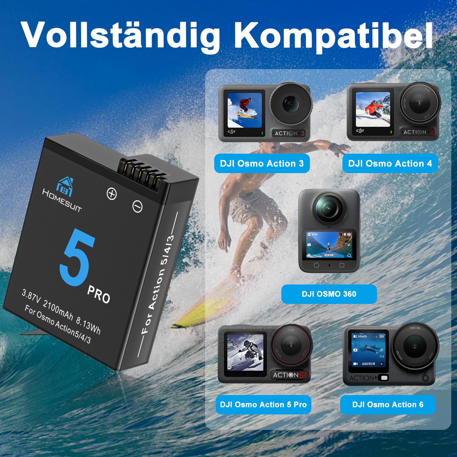 Homesuit Osmo Action 6 5 Pro 4 3 Akku 2100mAh und 18W Dual USB LCD Ladegerät Kit für DJI OsmoAction6 / OsmoAction5Pro / OsmoAction4 / OsmoAction3 (2er-Pack)