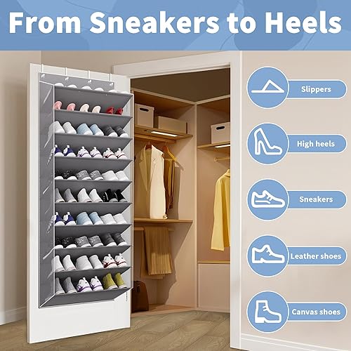 Miniatura 4 de Organizador de zapatos de 10 niveles de tamaño grande sobre la puerta, capacidad para 30 pares de zapateros colgantes con bolsillos profundos para