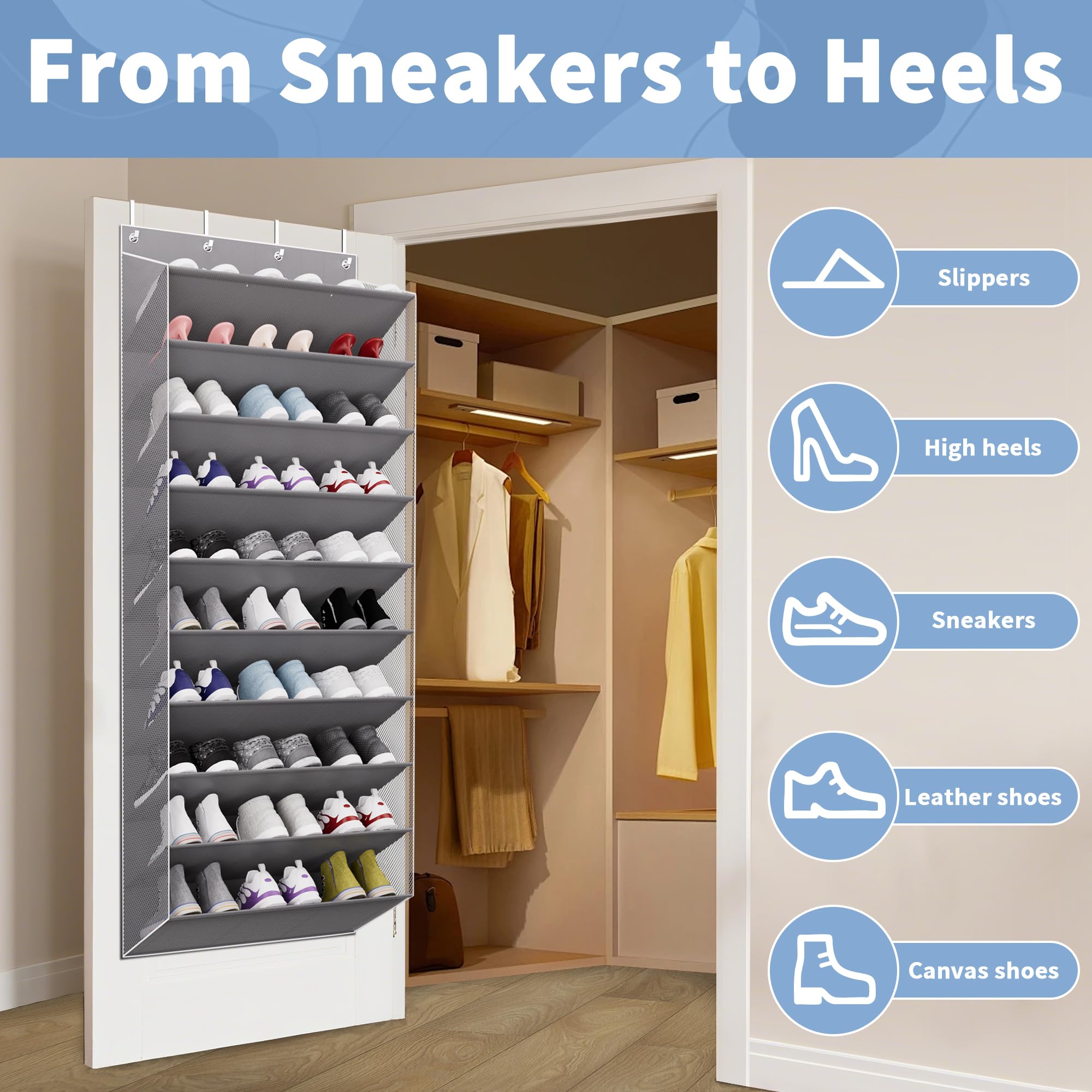 TAHAVICE 10 Pisos Zapatero Colgante Puerta, Guardar 30 Pares De Zapatos Organizador Puerta, Gris Oscuro Zapatero De Tela
