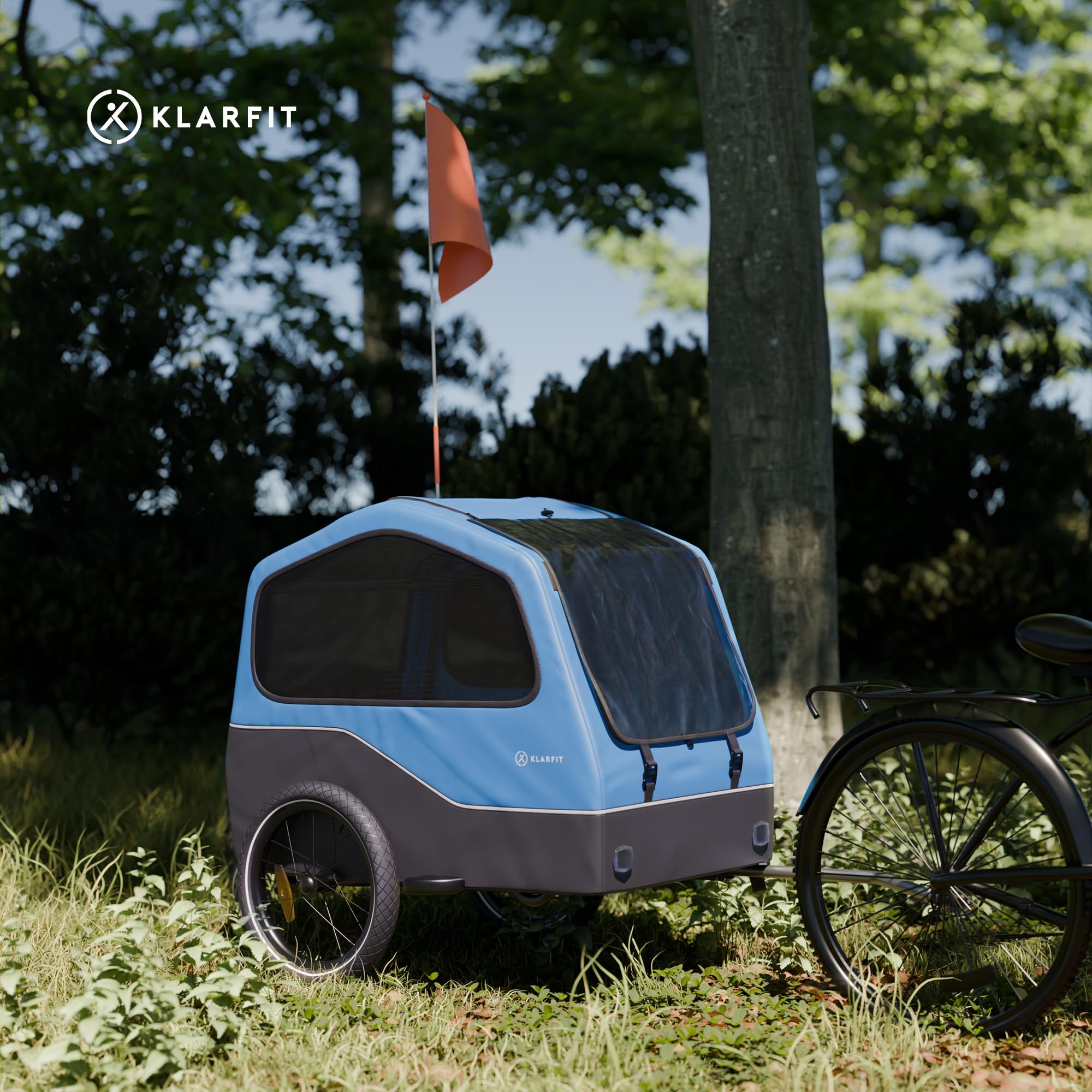 Klarfit Goldie Home - Rimorchio da Bici per Cani, Volume di 334L, Idrorepellente, Catarifrangenti & Bandierina di Sicurezza, Capacità di Carico di 40kg, Pieghevole, Ruote da 16 Pollici, Blu