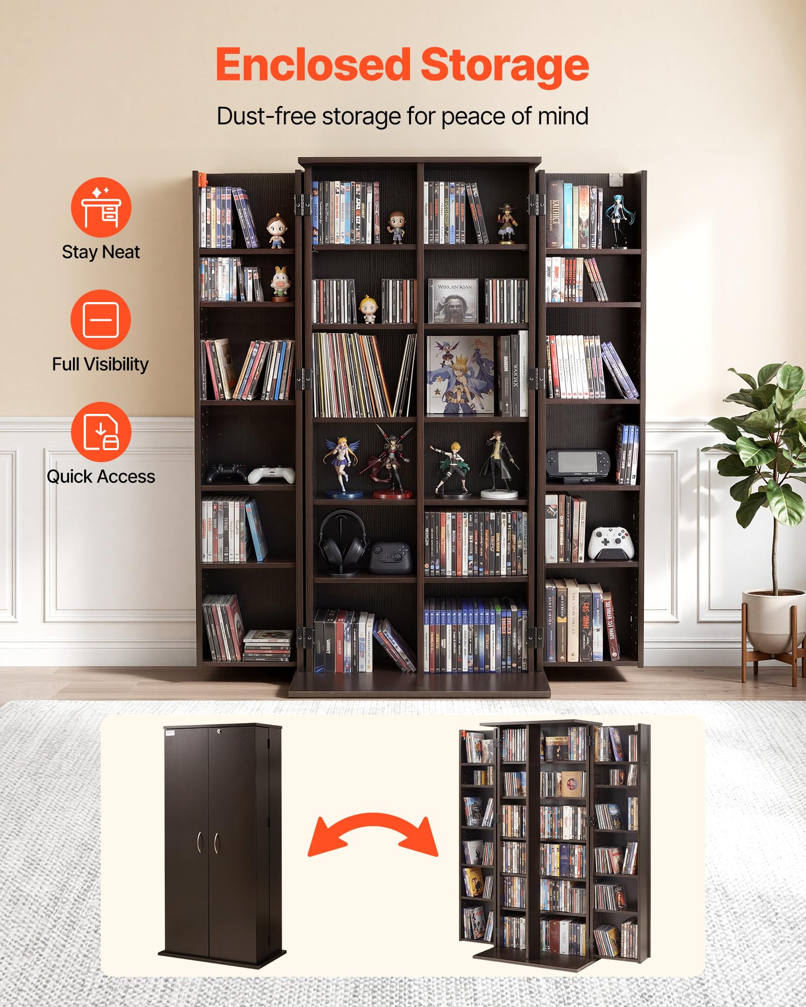 VEVOR Bibliothèque Étagère, Meuble de Rangement Multimédia à 6 Niveaux, Armoire Biblio pour CD, DVD, Livres, Jeux, avec Portes et Étagères Réglables pour Bureau, Studio, Salon, 610x368x1270 mm, Marron