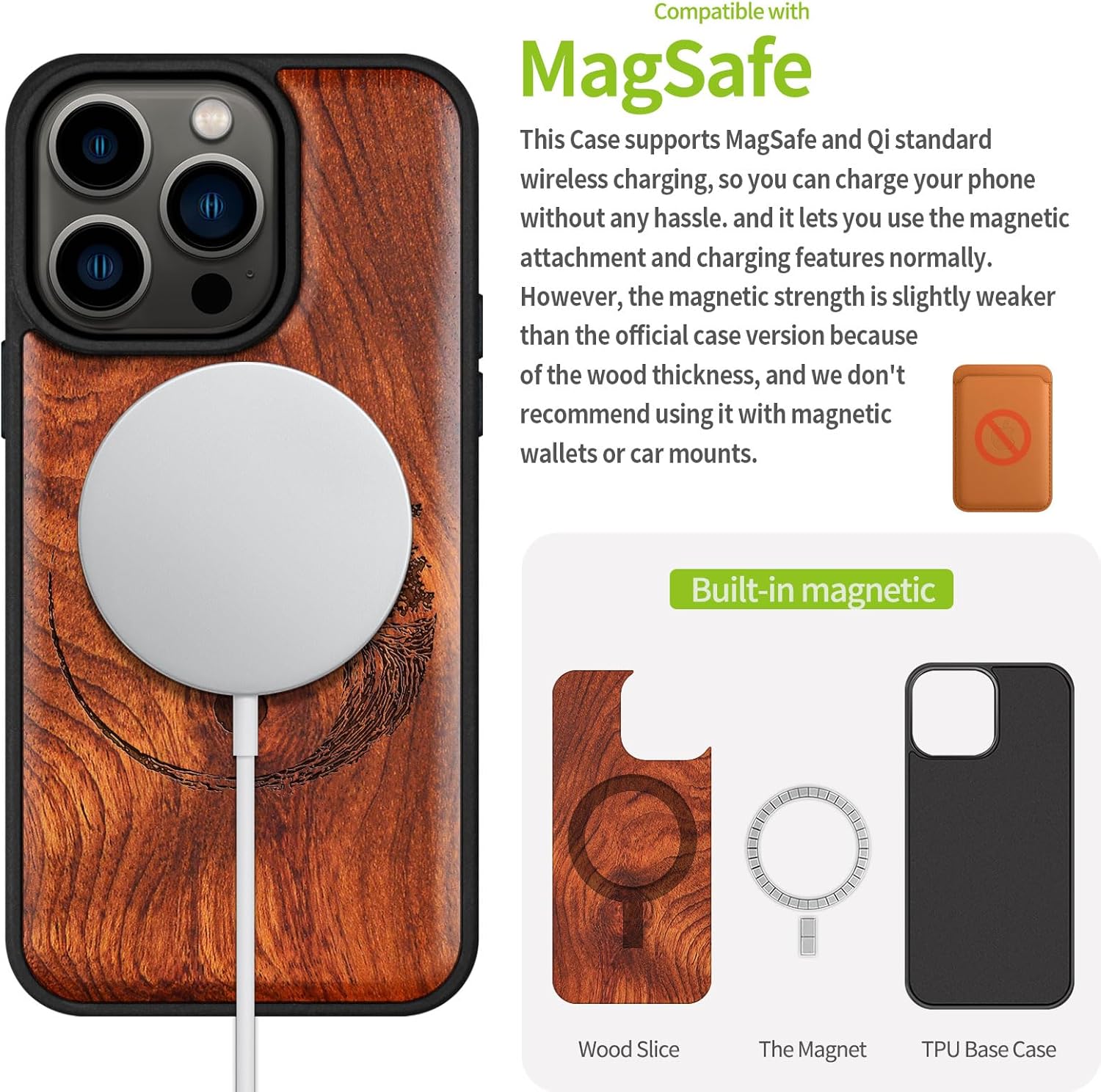 Carveit Magnetic Wooden Case for iPhone 15 Pro Case, Compatible with MagSafe Wireless Chargers, Black Soft TPU Shockproof Cover & Wood Artisan Engraved (Yin Yang Bonsai Tree) - Rosy