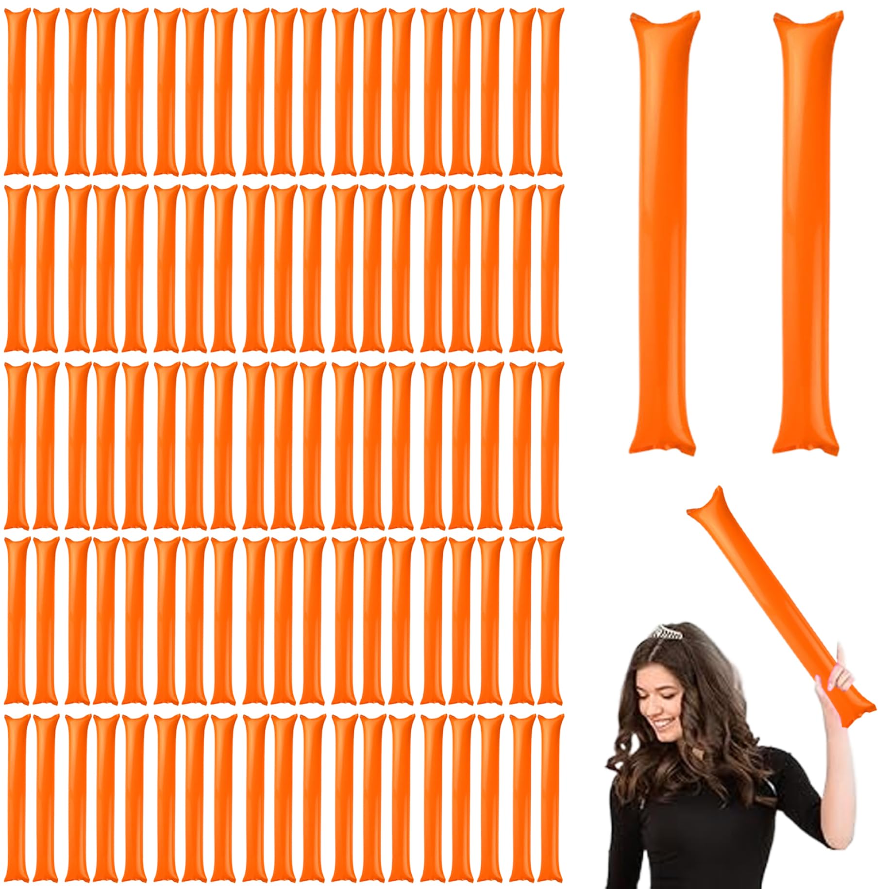 Obelunrp Thunder Sticks, 100pcs Boom Sticks Noise Makers, Inflatable Cheerleading Spirit Sticks, Plastic Boom Stick for Sporting Events Dance Basketball Football Game (Ornange)