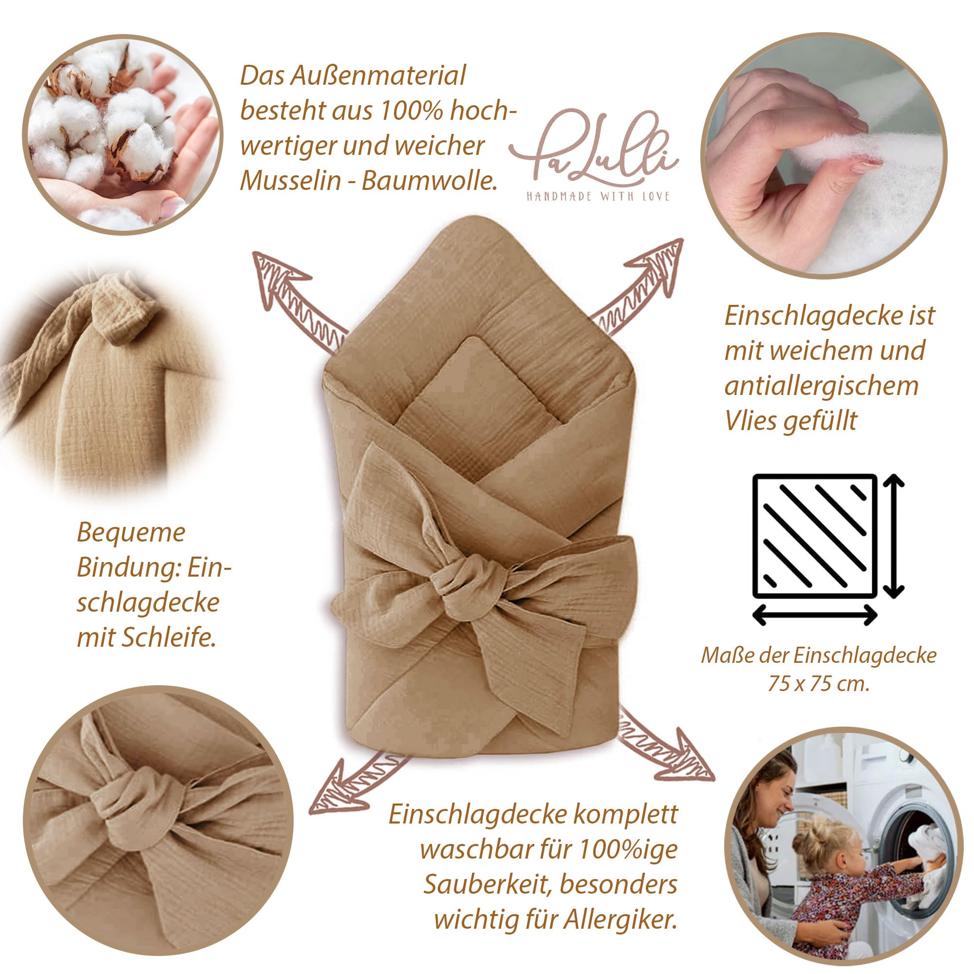 PaLulli® Set 2in1 Babynest und Einschlagdecke, 100% Musselinn, Baby Nestchen Set, Babynestchen - Baby Erstausstattung Babynestchen Neugeborene, Babynester Junge - mädchen (Braun)