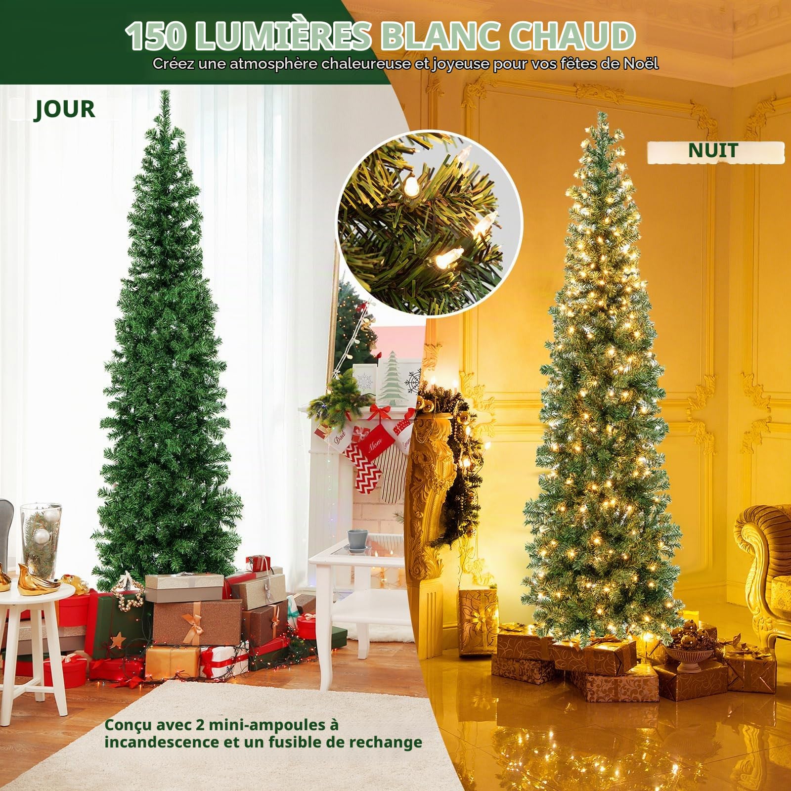 LIFEZEAL Sapin de Noël Artificiel 210 cm avec 150 LED | Arbre de Noël Demi-Sapin en PVC avec 450 Branches et Pieds en Fer, pour Salon, Bureau, Bar, Vert