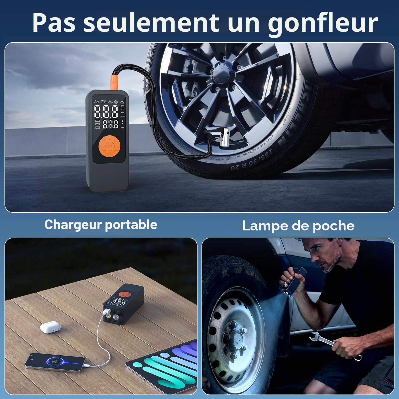 BEVA Gonfleur Pneus Voiture, Gonfleur Electrique Gonflage en 1 Minute | 150PSI/10,3BAR Compresseur à Air Portatif avec Lampe LED , Pompe a Velo, Arrêt Automatique, pour Voiture, Moto, Vélo, Ballon