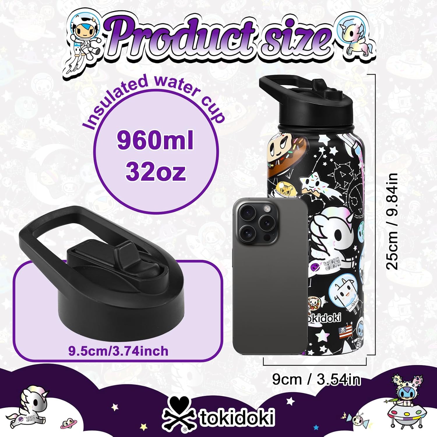 Tokidoki Unicorno Bottle 32oz Insulated Stainless Steel Water Bottle Reusable Vacuum Insulated Water Bottle Tumbler with Leak Proof Flip Bottle for Travel Office Gym (space) - Image 2