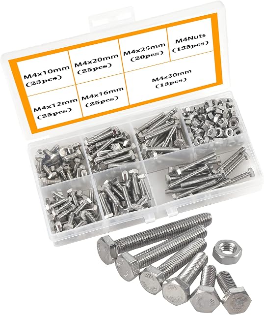 M4 Nuts and Bolts 304 Stainless Steel Screws Assorted Metric Kit, Hex Head Cap Hexagon Bolts and Nuts Assortment Set Kit with Storage Box