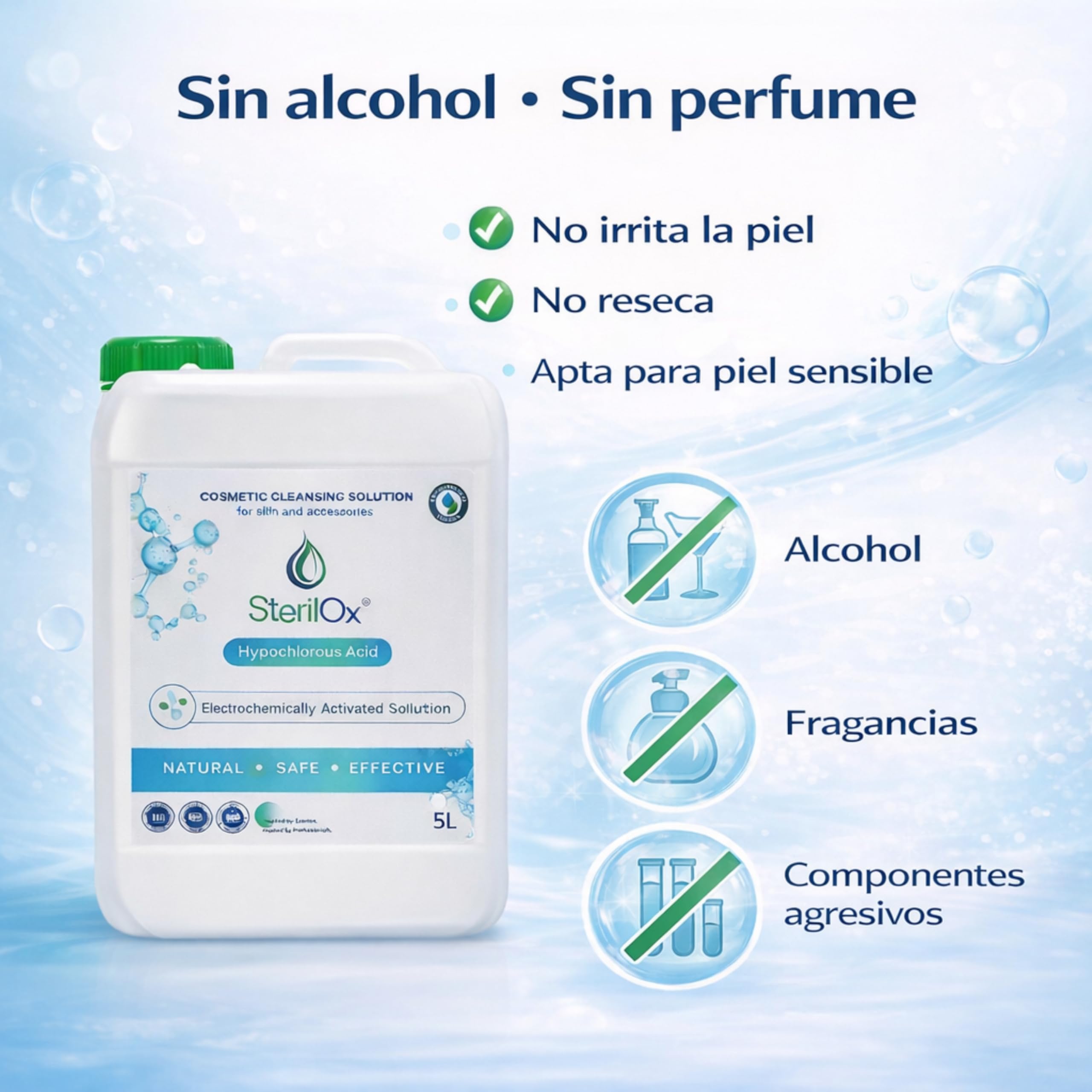 5L Solución Cosmética de Limpieza Higiénica para Piel y Superficies – Ácido Hipocloroso (HOCl), Sin Alcohol, Sin Perfume, Sin Aclarado, Uso Profesional y Doméstico