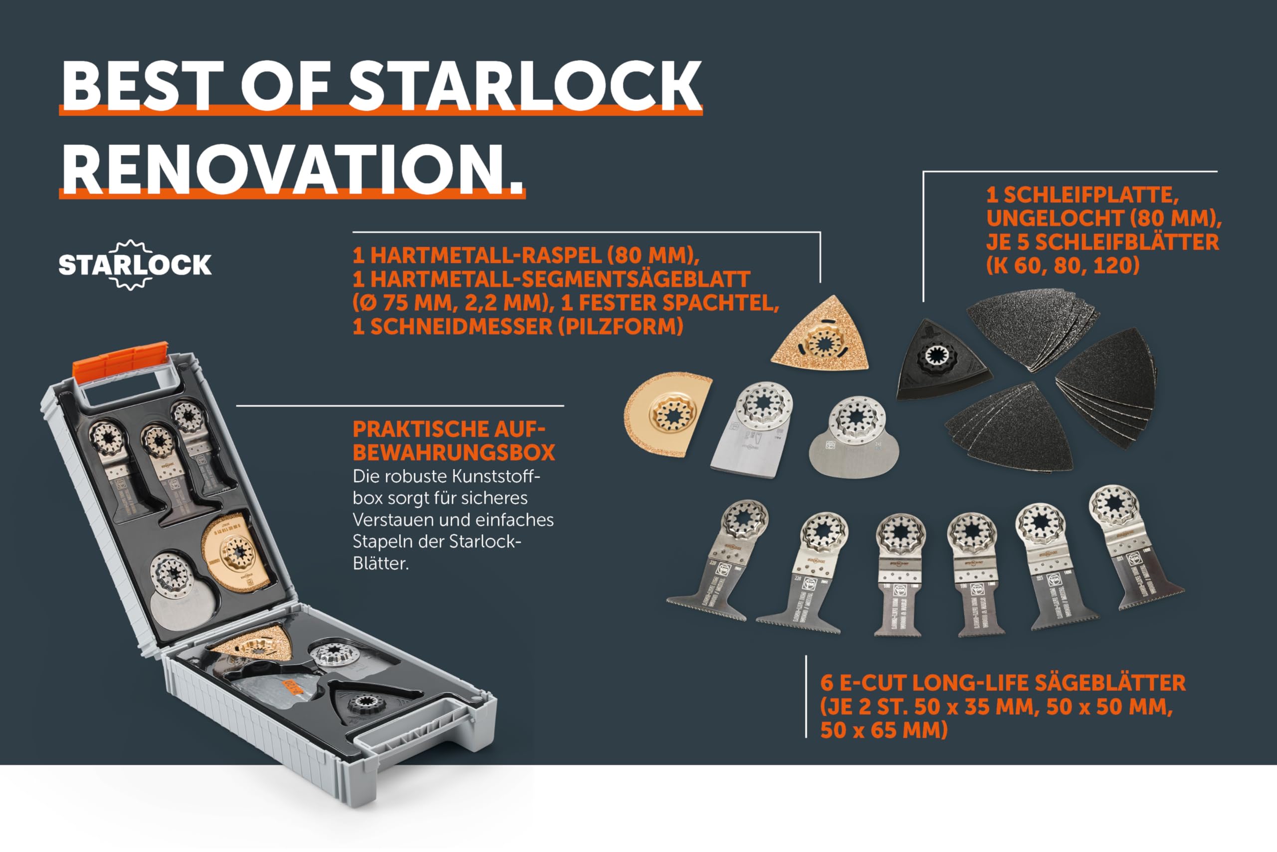 Fein Best of Starlock Renovation Zubehör-Set (26-teilig, für Multitools, Aufnahme Starlock, inkl. Sägeblätter/Raspel/Spachtel/Schneidmesser usw.) 35222967060