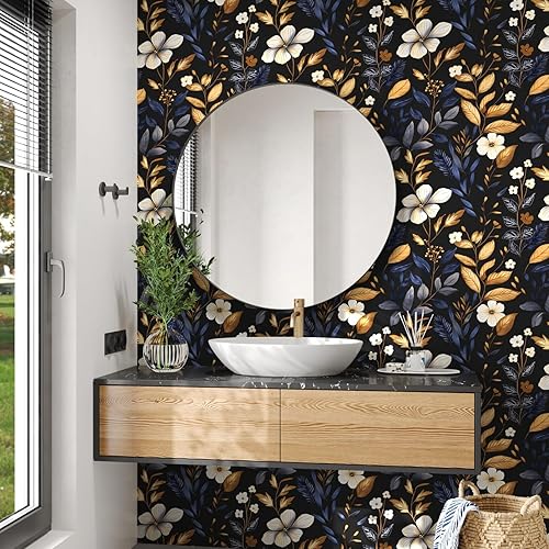 Miniatura 6 de Papel Tapiz de Hoja Azul/Dorada Despegar y Pegar Papel Tapiz Vintage Floral Oscuro Impermeable Autoadhesivo Removible Boho Papel de Pared Moderno