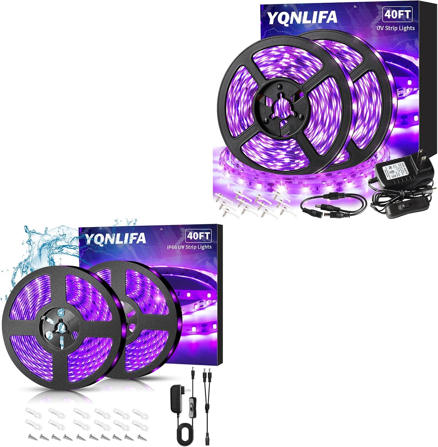 Waterproof 40Ft Black Light Strip&Non-Waterproof 40Ft Black Light Strip, Black Light for Halloween, Neon Party, Birthday, Display Uranium Vaseline Glass, Posters