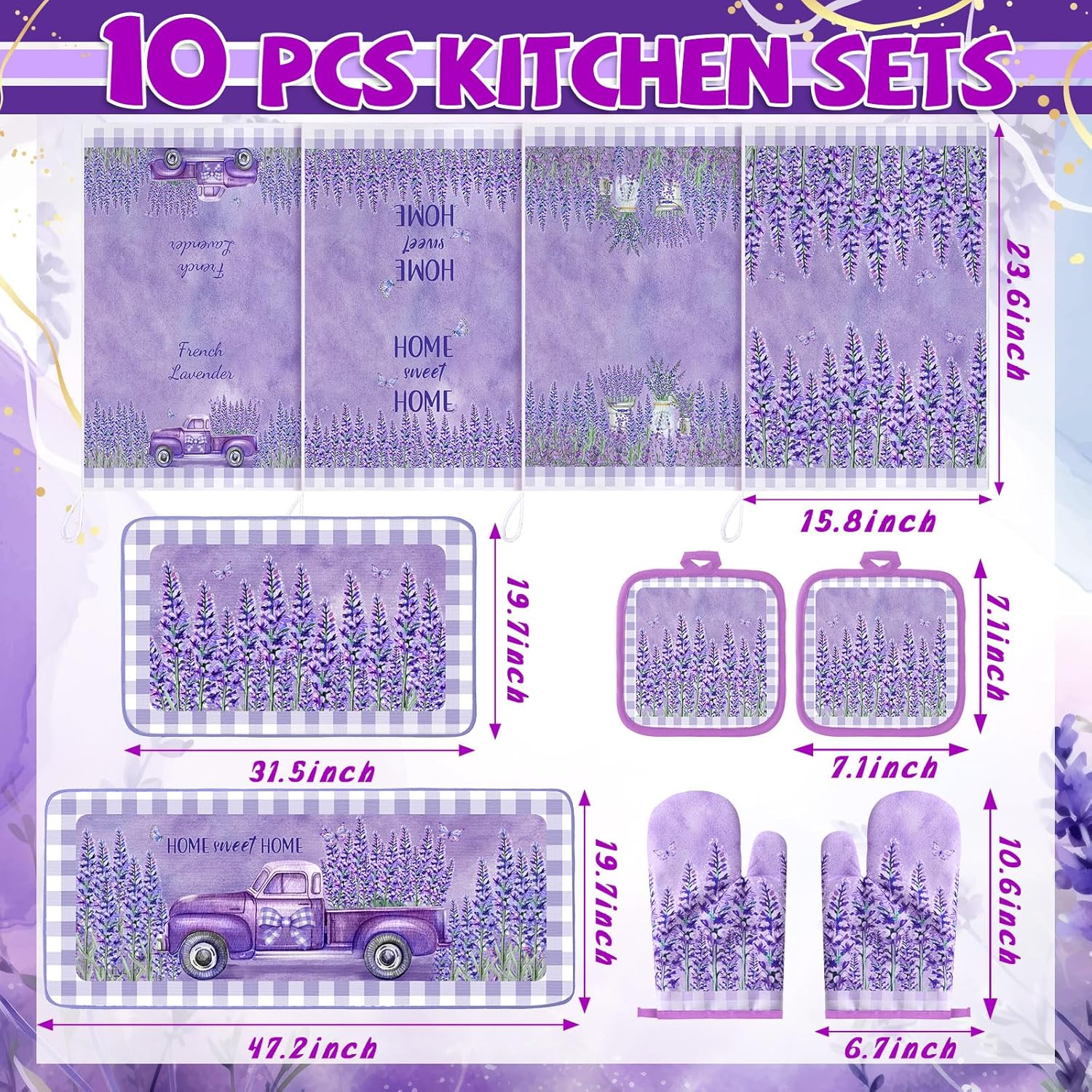 VitalCozy 10 Pcs Lavender Kitchen Decor Lavender Kitchen Towels and Rugs Oven Mitts and Pot Holders Set Hand Towels Purple Decorative for Baking Cooking BBQ