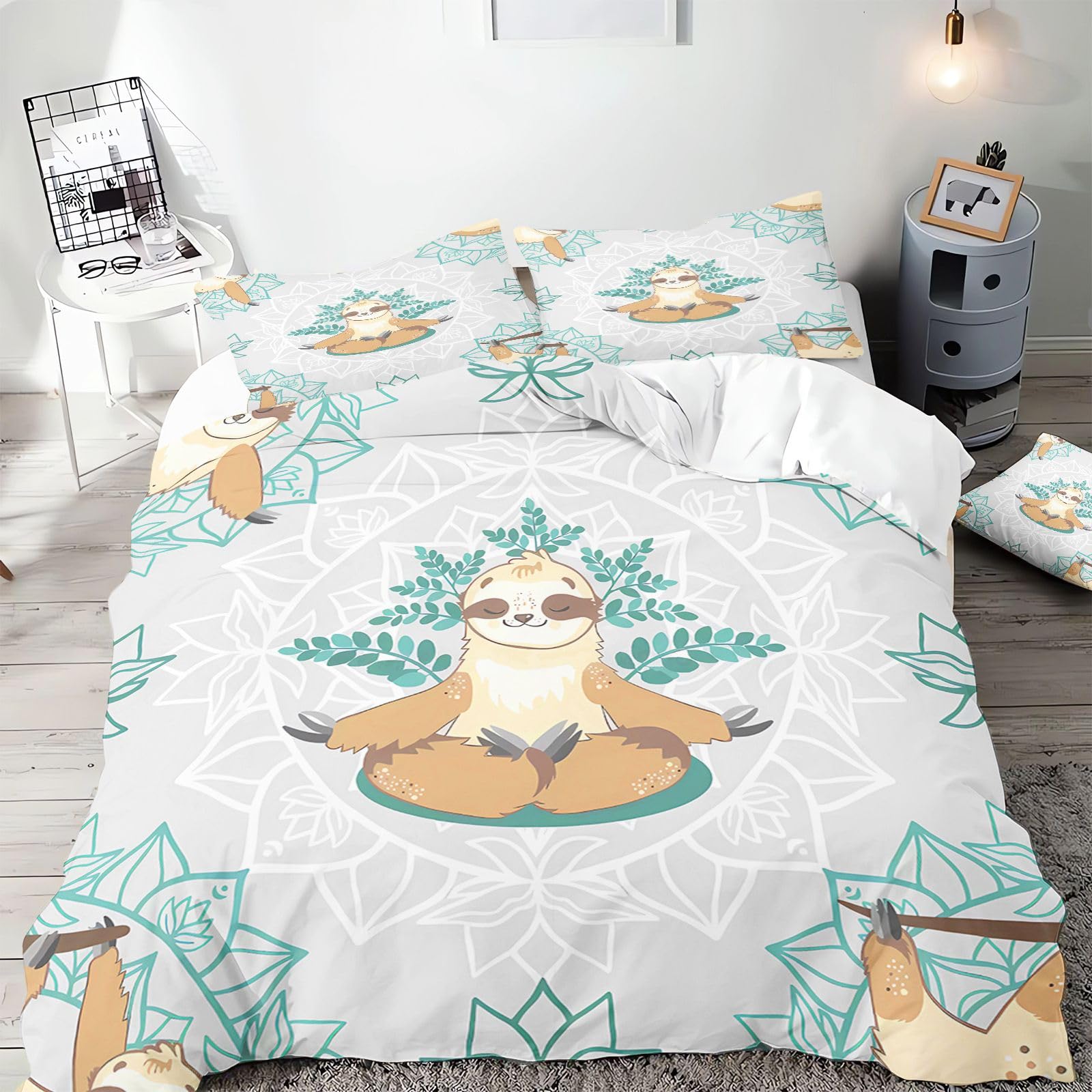 Fgolphd Cute Meditating Sloth Duvet Cover Set, Soft Microfiber Bedding with Zipper, All Seasons Bedroom Decor,Double-200x200cm