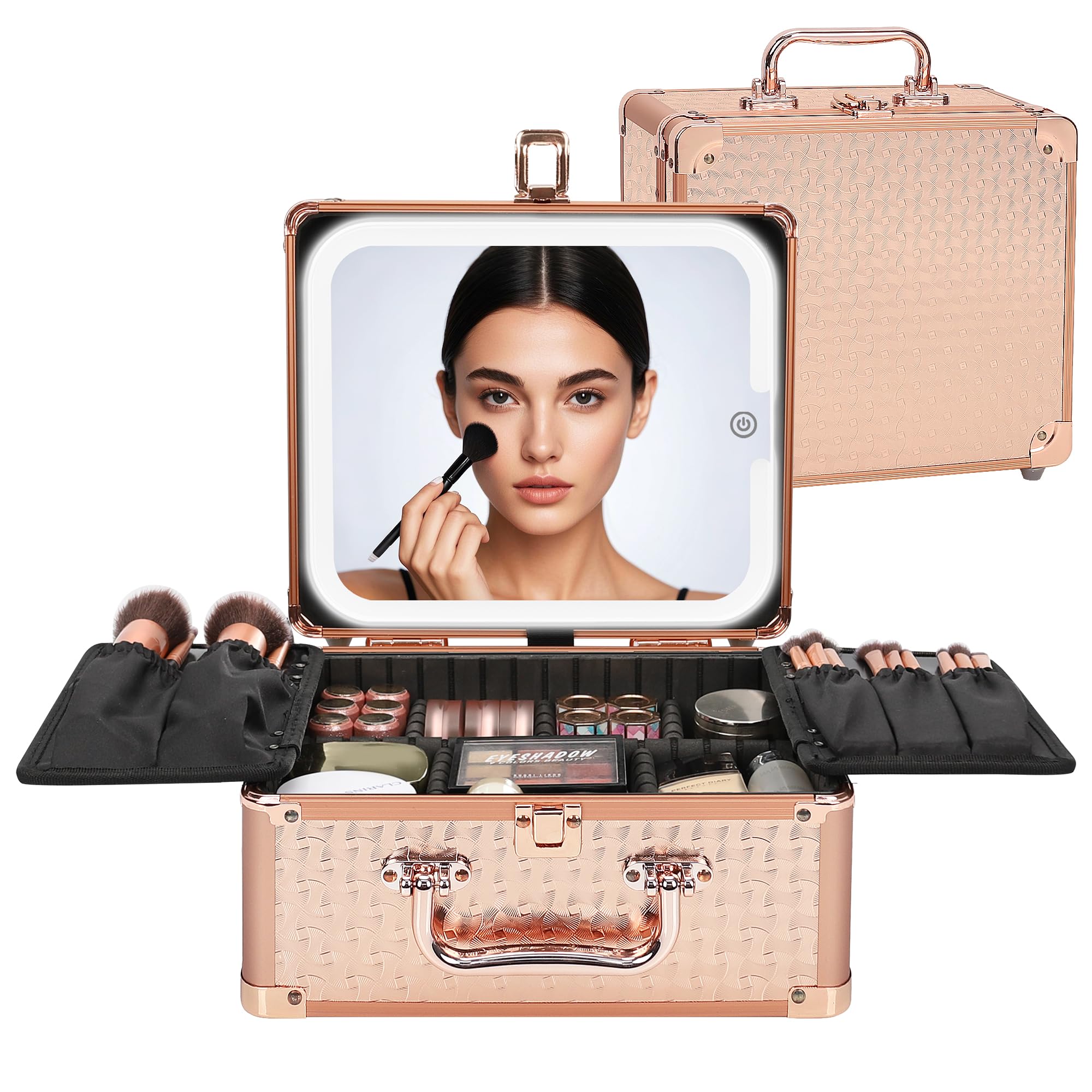Relavel Beauty case con specchio a LED, scatola per trucchi da viaggio con specchio illuminato ricaricabile, organizer per pennelli per truccatori, regali per donne e ragazze, oro rosa