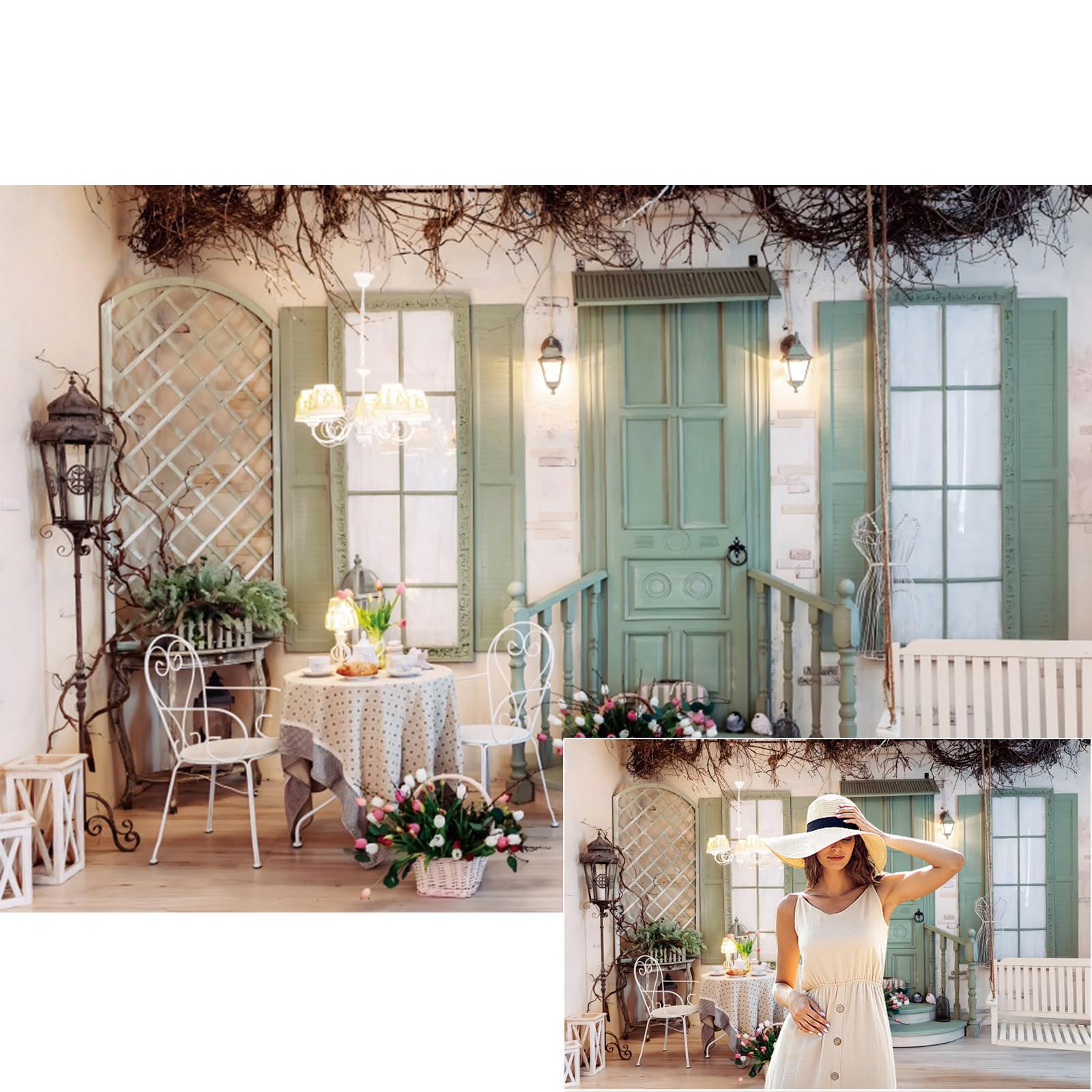 YongFoto French Touch Room Interior Backdrop 8x6ft Green Door Window Chandelier Tulip Flower Basket Birdcage Elegant Indoor Photography Background