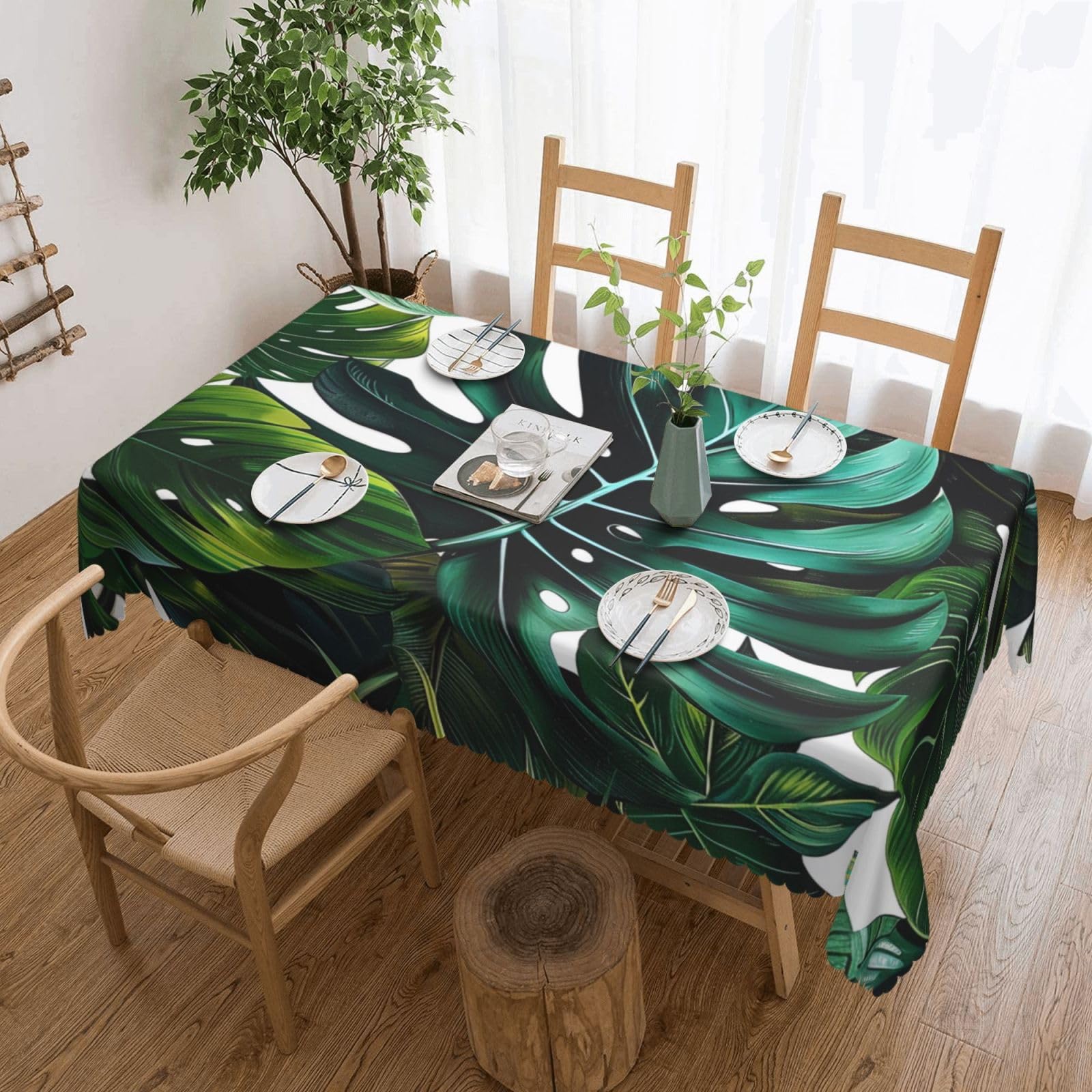Nappe rectangulaire lavable imprimée feuilles tropicales pour cuisine et banquet