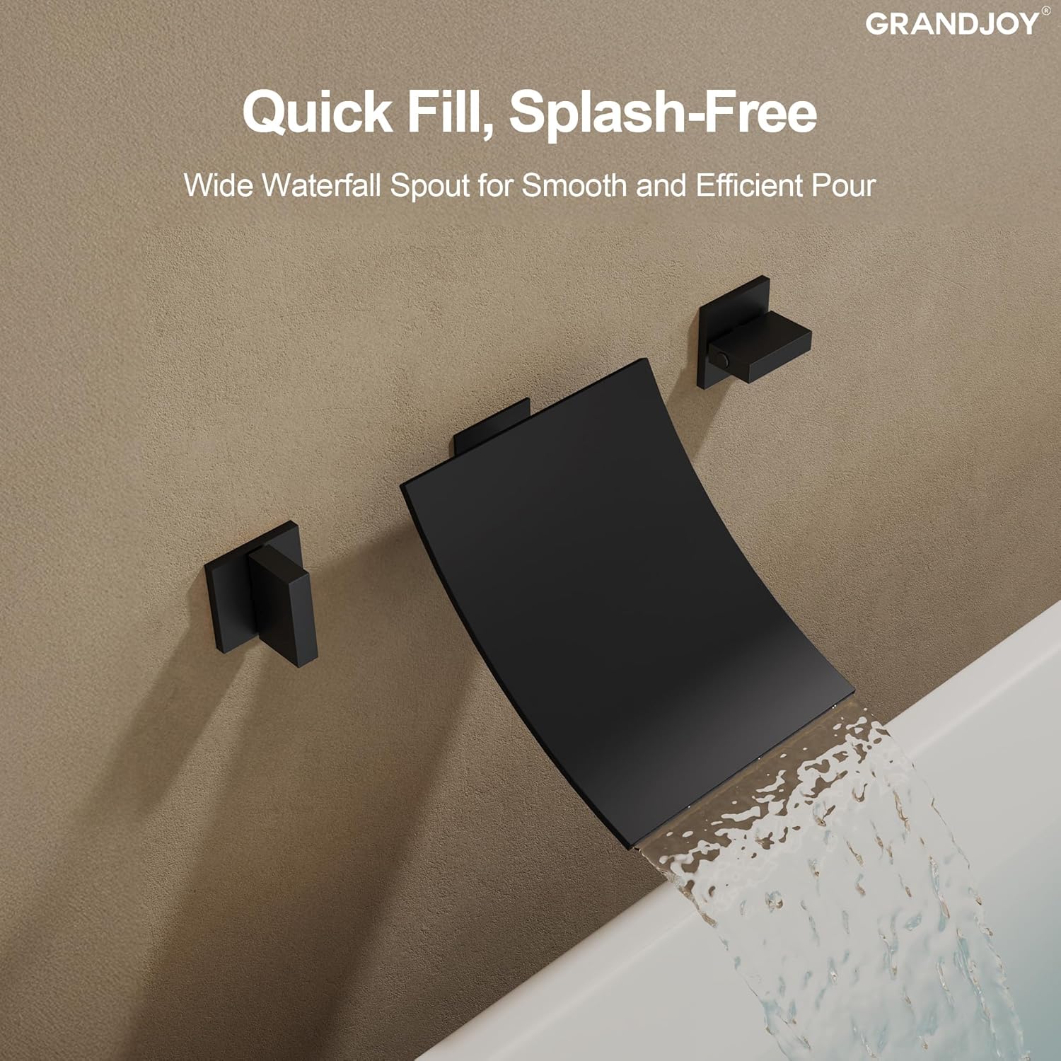 Matte Black Waterfall Wall Mount Bathtub Faucet, 3 Hole Dual Handles Tub Filler, High Flow Solid Brass, NPT 1/2" Standard Connections for Easy Installation