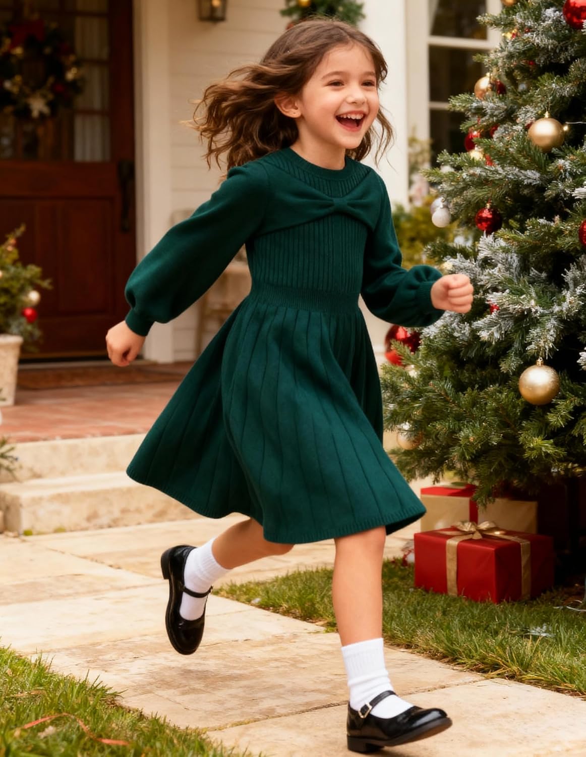 GRACE KARIN Girls Sweater Dress Bow Collar Pleated Skirt 6-14Y Back to School Outfit Knit Fall Winter Dress - Image 3