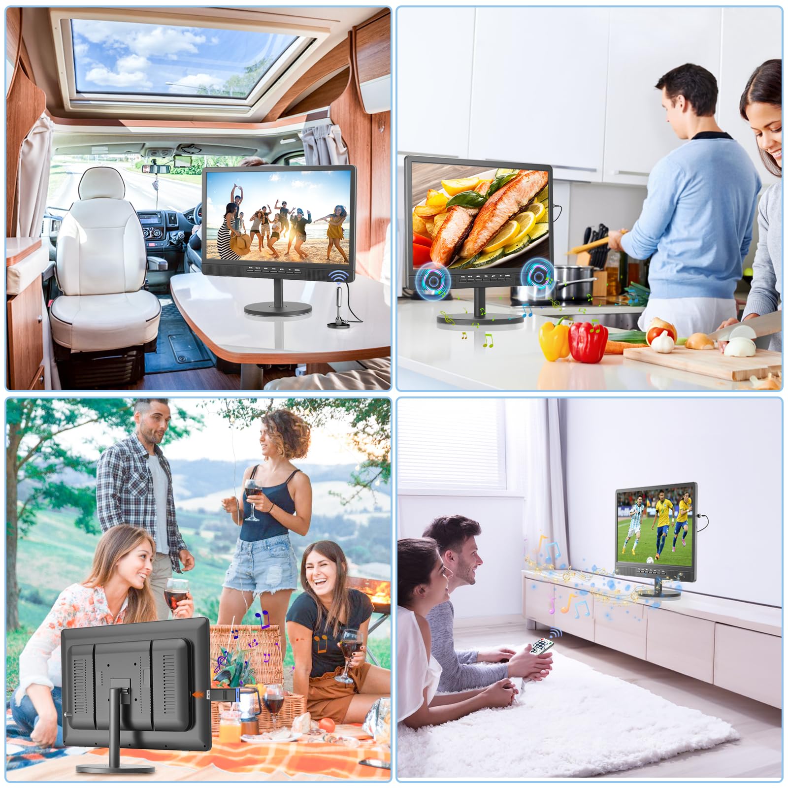Desobry 18 pollici TV portatile con antenna, Mini TV LCD con sintonizzatore DVB/T2, 12V televisione ricaricabile 6000mAh con supporto rotondo per campeggio all'aperto, camera da letto, cucina