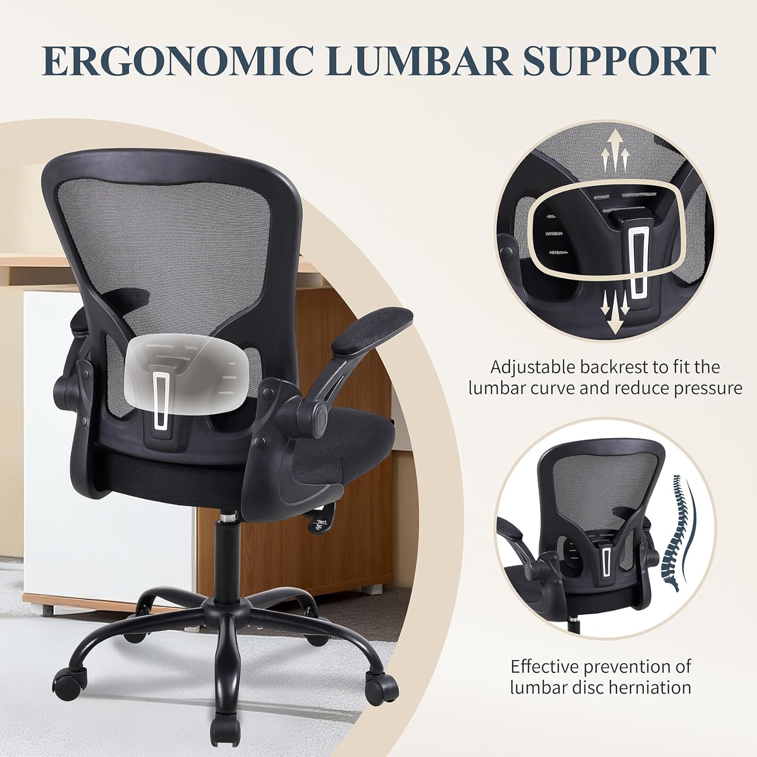Flysky Ergonomic Home Office Desk Chair Set of 10 - Lumbar Back Support, Breathable Mesh Swivel Computer Task Chair with Wheels and Flip-up Arms, Height Adjustable, Black