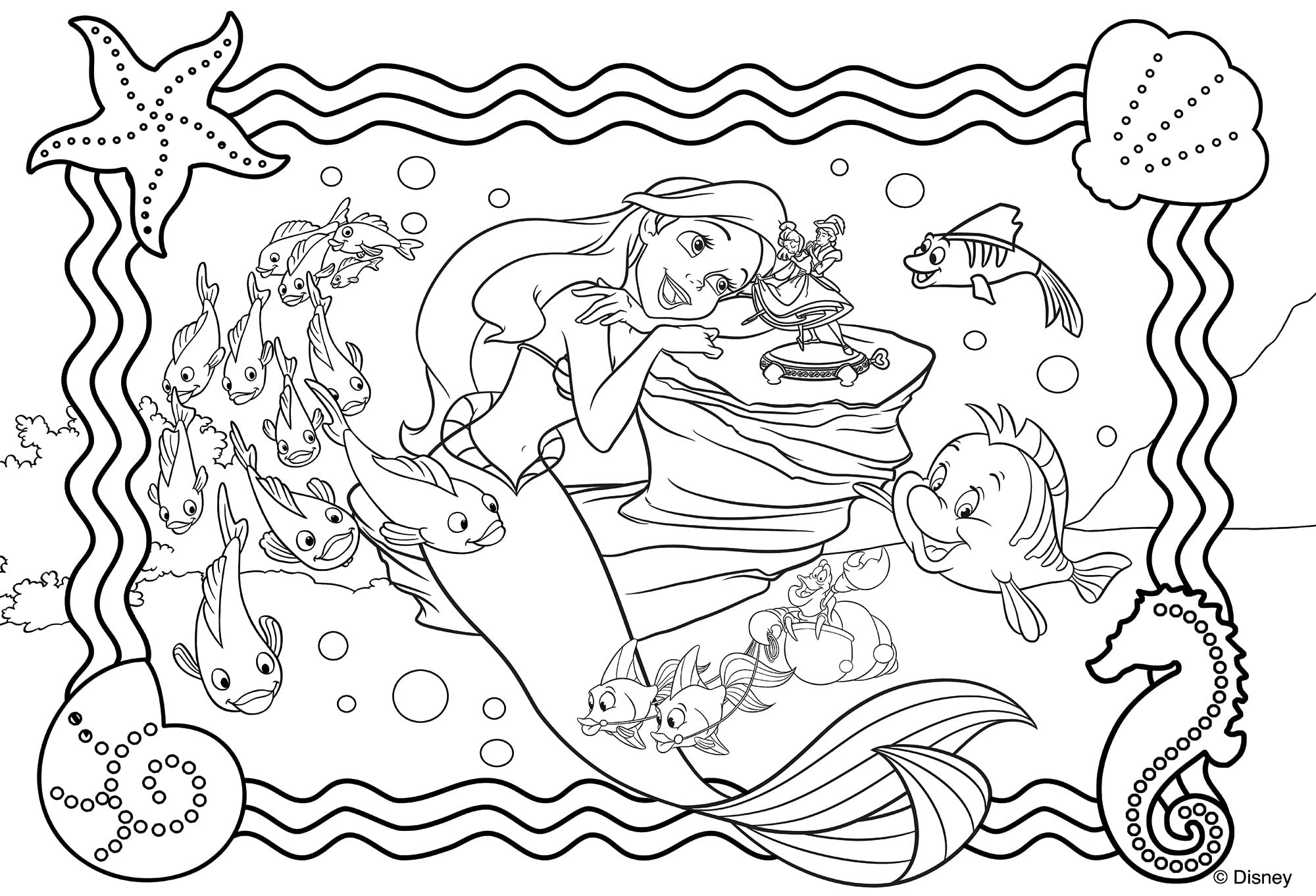 Lisciani - DISNEY La Sirenita - Ariel - Puzzle para niños a partir de 7 años, 250 piezas, 2 en 1 Doble Cara Anverso / Reverso con reverso para colorear - Desarrollo de la creatividad y la imaginación