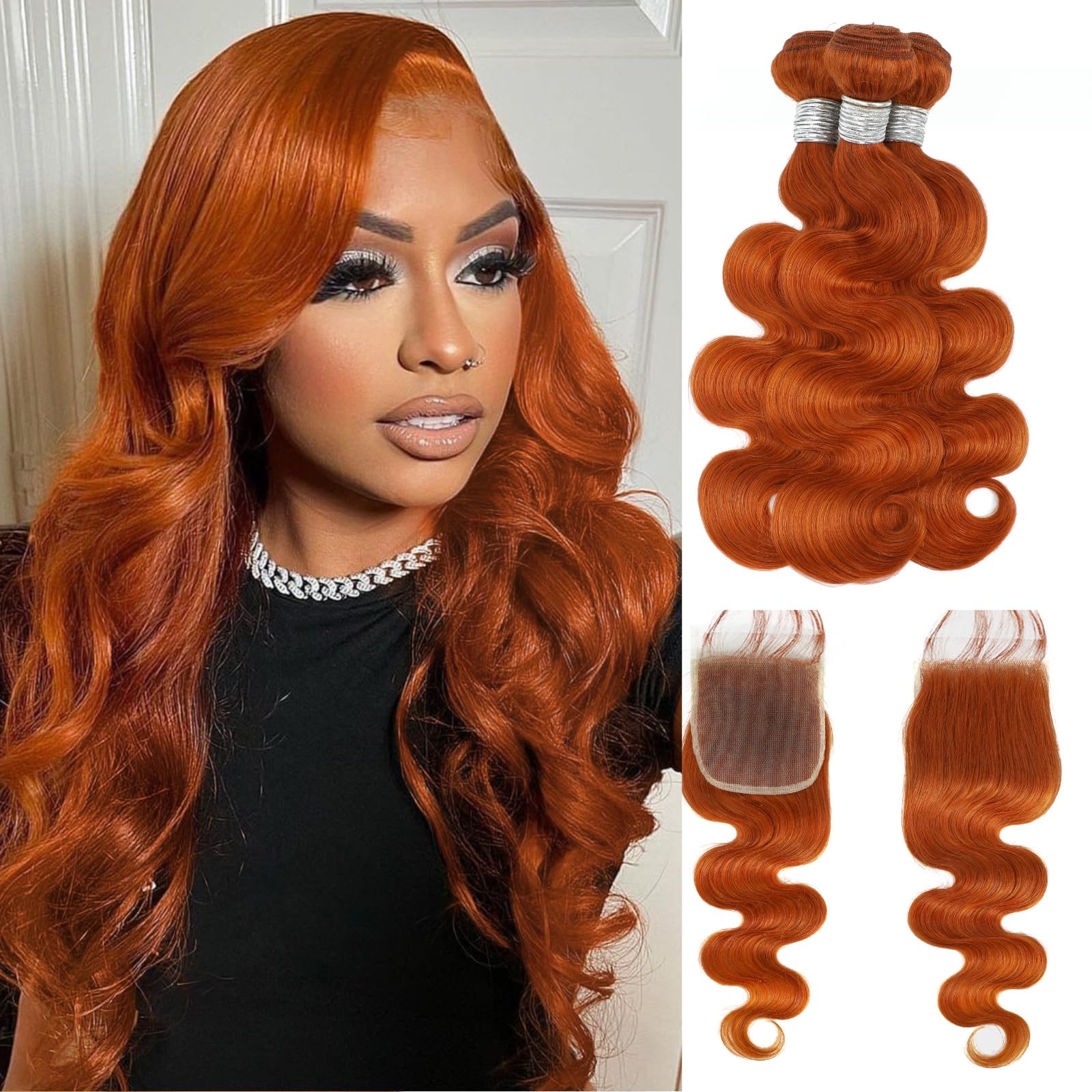 ALHER Ginger Orange Wavy Bundles with Closure (20 22 24 +20) 4x4 Lace Closure 350 Bundles Body Wave Soft Thick Sew In Weave 12A 100% Brazilian Virgin
