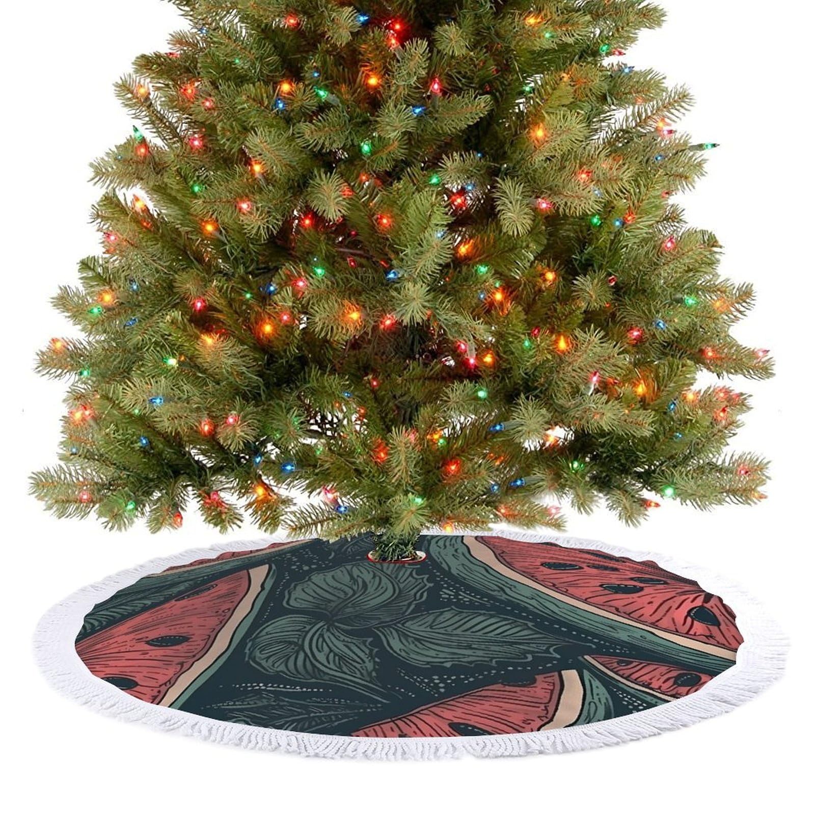 Hand Drawn Watermelon Pattern Christmas Tree Skirt 36"x36" Rustic Xmas Tree Mat with Tassel Ornament Christmas Trees Cover Skirt Mat for Evergreen Trees Ornament Winter Holiday Mats Decorations
