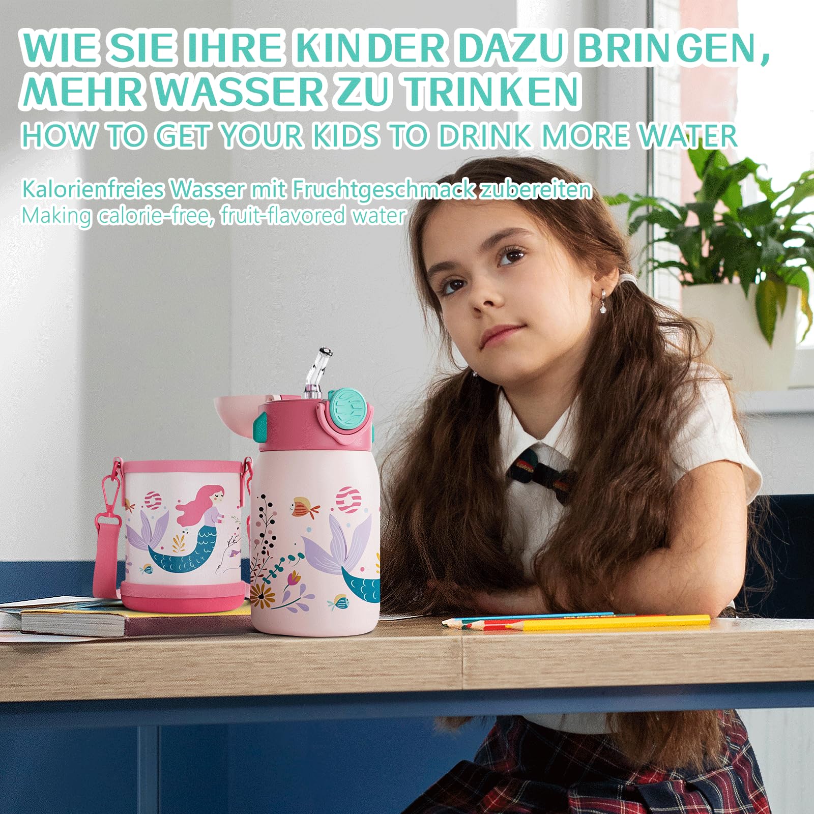 Fjbottle Botella de Agua Acero Inoxidable para Niños 400ml + Funda, Sin Fugas/Sin bpa Botella termica con Pajita para la Escuela y Deportes