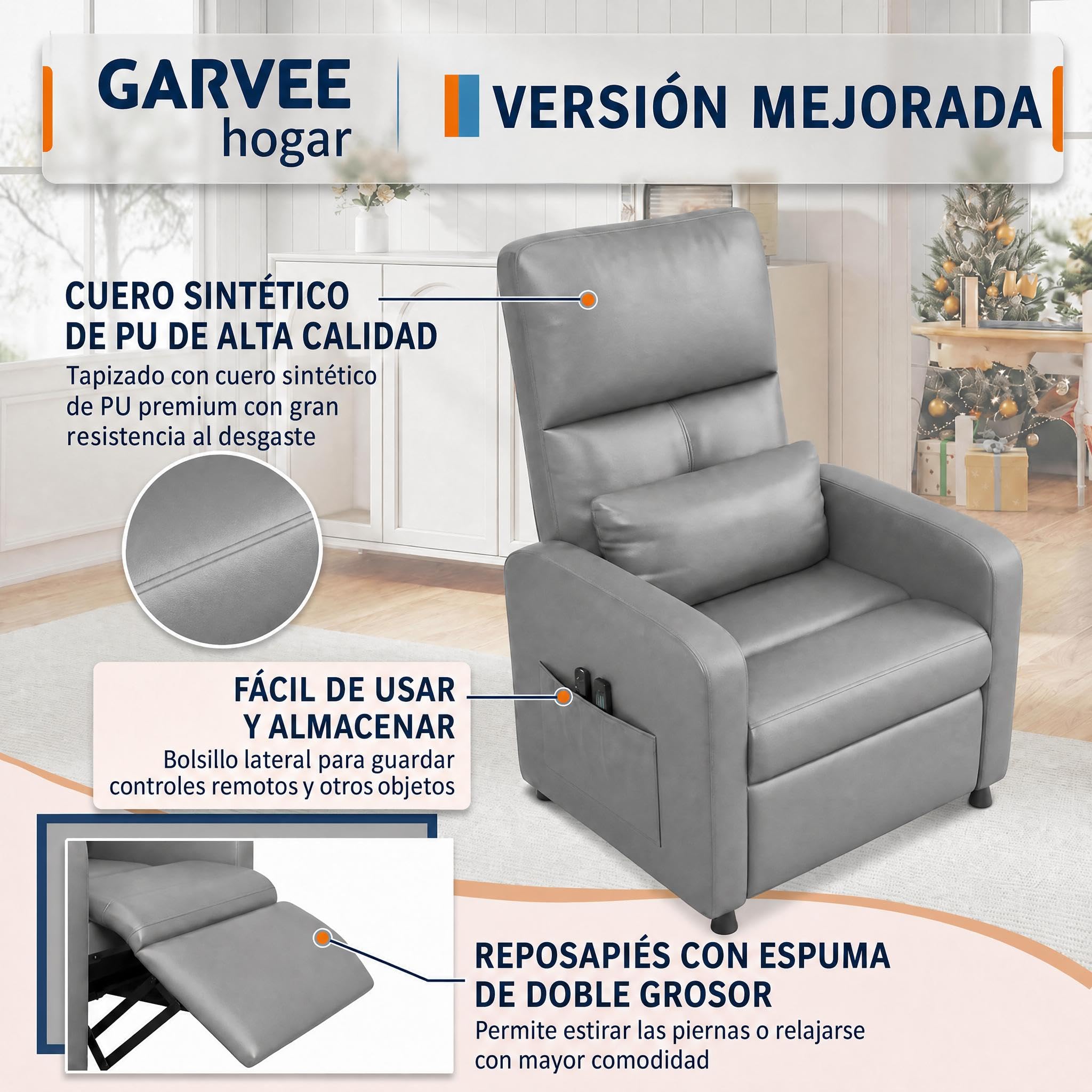 GarveeHome Sillón Relax Reclinable Eléctrico con Masaje y Calor | Respaldo alto ergonómico, Tapizado en piel sintética PU, Asiento acolchado, soporte lumbar, Puerto USB y bolsillos laterales