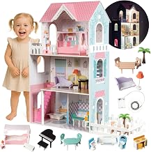 Mamabrum XXL Wooden Dollhouse with LED – 3 Tier Dollhouse with Furniture, Garden and Accessories – Educational Wooden Barbie House for Girls + 3 Years