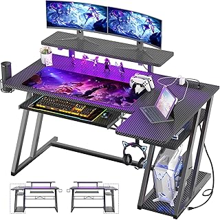 L Shaped Gaming Desk with Monitor Stand and Shelves, 47'' Gaming Computer Desk with LED Lights and Outlets, Reversible PC Gaming Desk with Keyboard Tray & Z-Shaped Legs, Black Carbon Fiber Surface