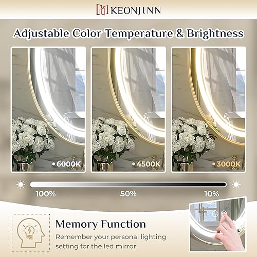 Miniatura 3 de Keonjinn Espejo ovalado LED ovalado de 24 x 36 pulgadas, con marco dorado, con 3 luces de color, espejo frontal de tocador para pared, espejo de