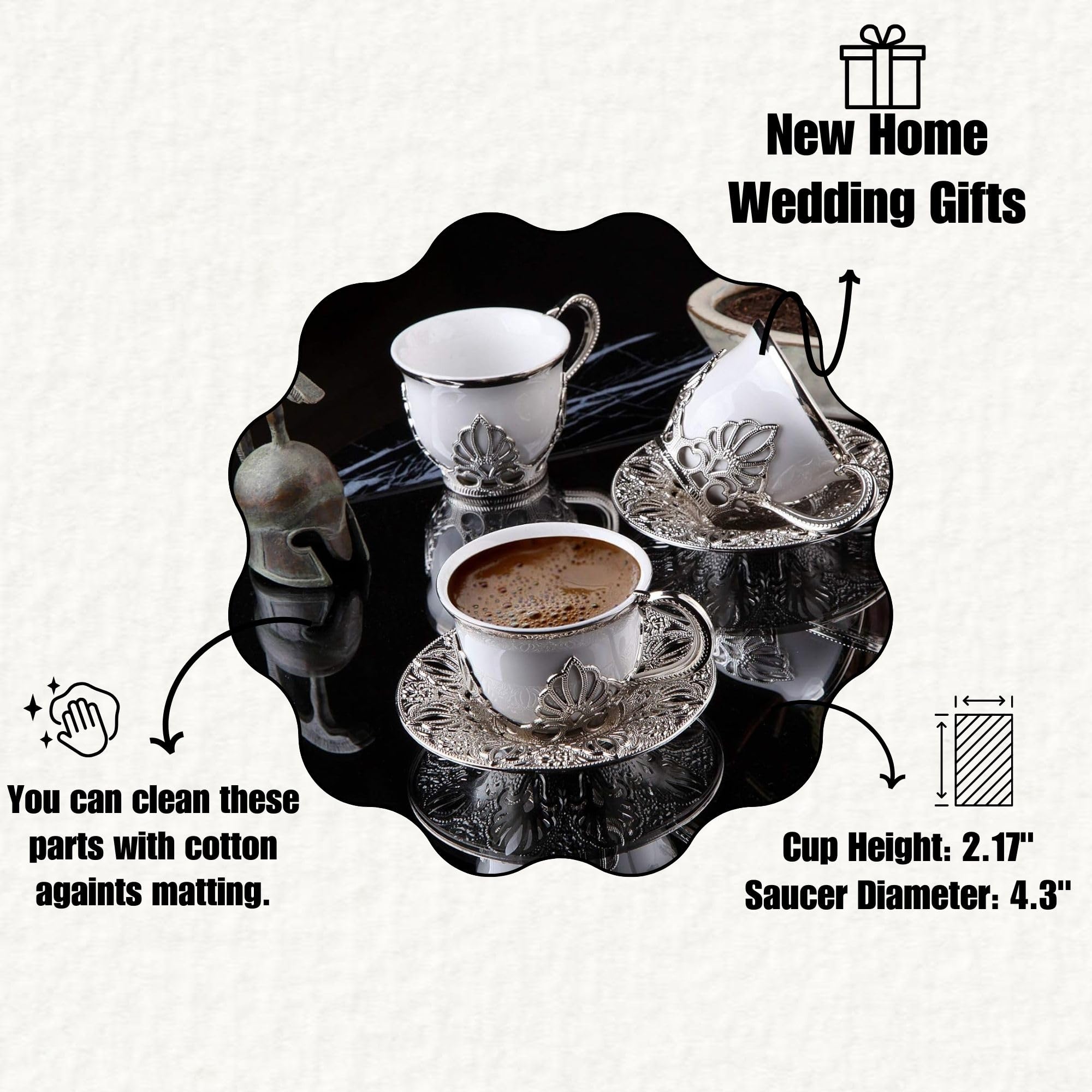 LaModaHome Turkish Coffee Set - 6 Silver Cups With Serving Tray For Mırra & Espresso