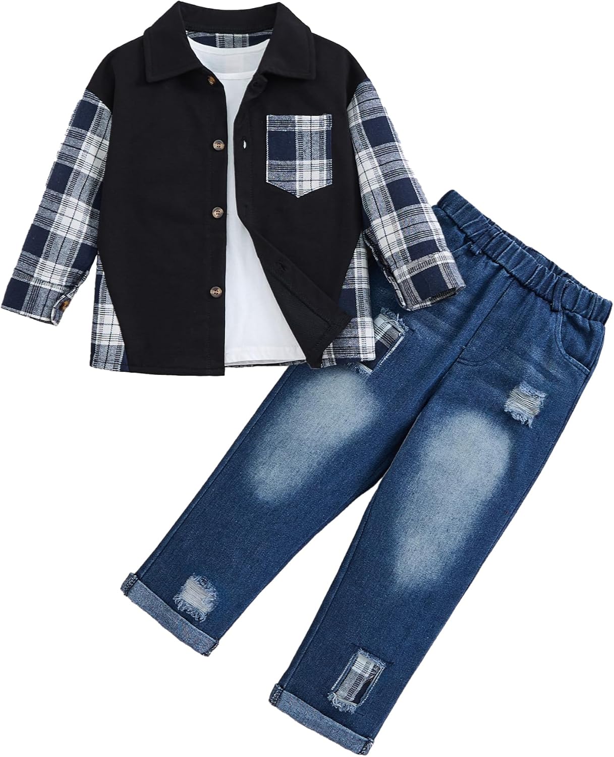 Toddler Baby Boy Clothes Flannel Long Sleeve Plaid Shirt Ripped Denim Jeans Outfit Set Boys Fall Outfits 2-6 Years