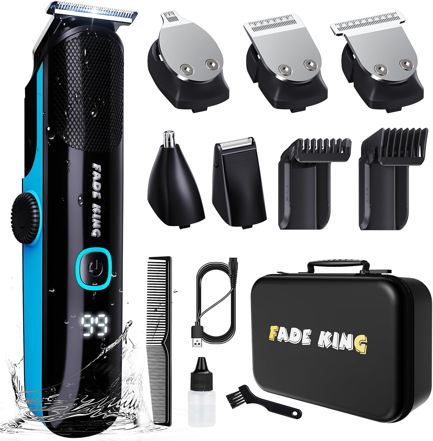 FADEKING Beard Trimmer for Men, Professional Hair Trimmer, Waterproof Electric Beard Trimmer Razor for Nose, Body, Face & Mustache, Cordless Hair Clippers, Grooming Gifts for Men (Blue)