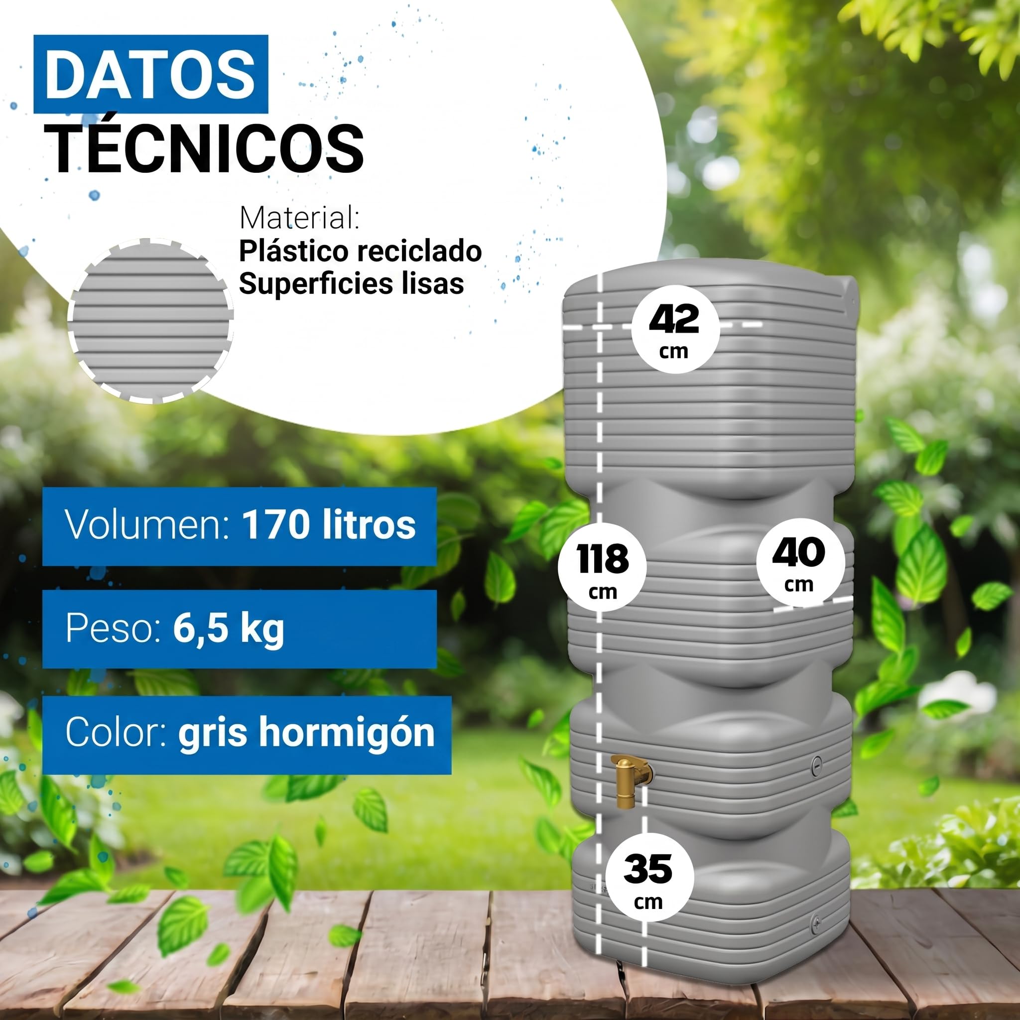 4rain Quadro Set Completo depósito Mural de Agua de Lluvia 170 L Gris hormigón Incl. Grifo de plástico y conexión al bajante