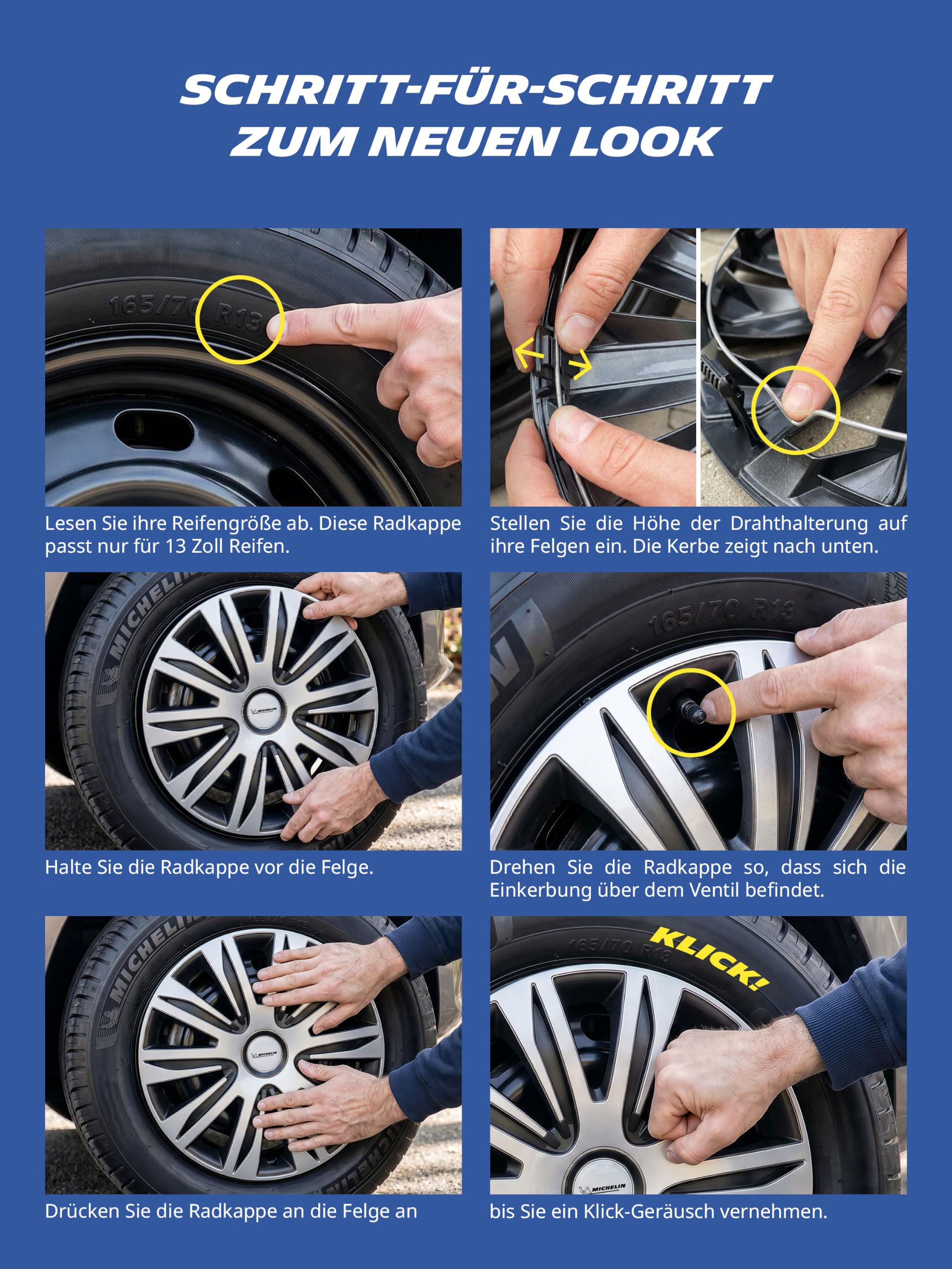 MICHELIN Copricerchi universali da 14 pollici, set da 4 pezzi, per auto, in plastica ABS, colore nero/argento