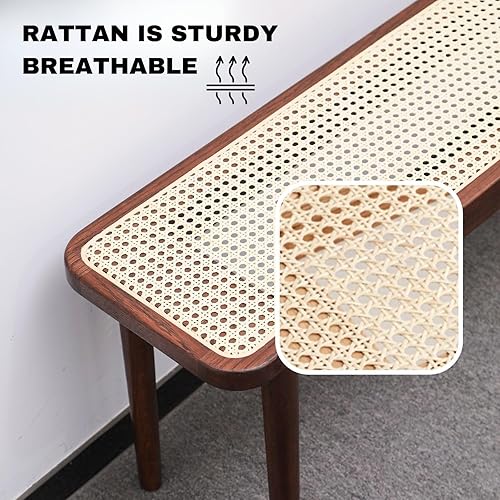Miniatura 6 de Banco de comedor de ratán natural de 47.2 pulgadas con marco de banco de madera de roble 100% macizo, otomana para zapatos al pie de la cama para