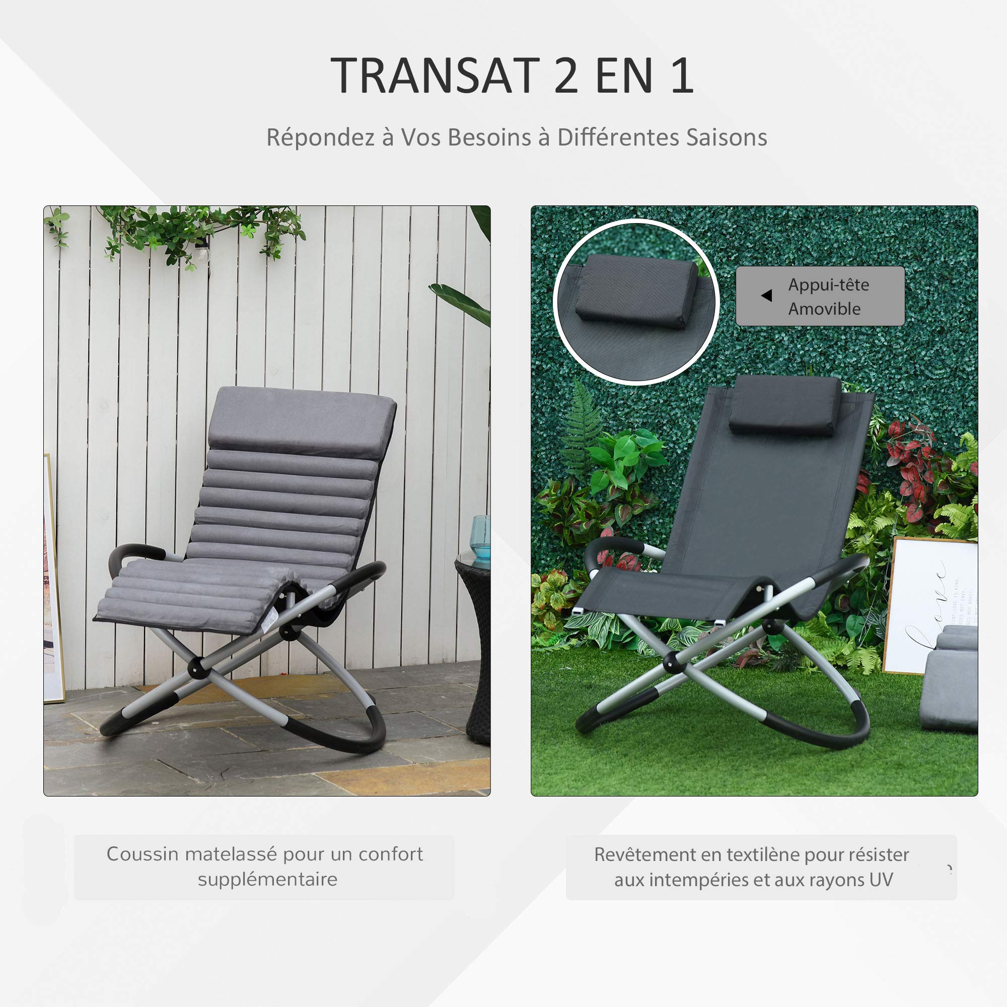 Outsunny Chaise Longue à Bascule Pliable Rocking Chair Design Contemporain avec Matelas revêtement Aspect Daim métal textilène Gris Noir