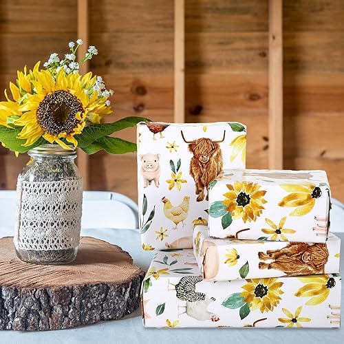 Miniatura 6 de JarThenaAMCS 6 hojas de papel de regalo de girasol de vaca de las tierras altas, no enrollable, papel de arte decorativo plegado plano para