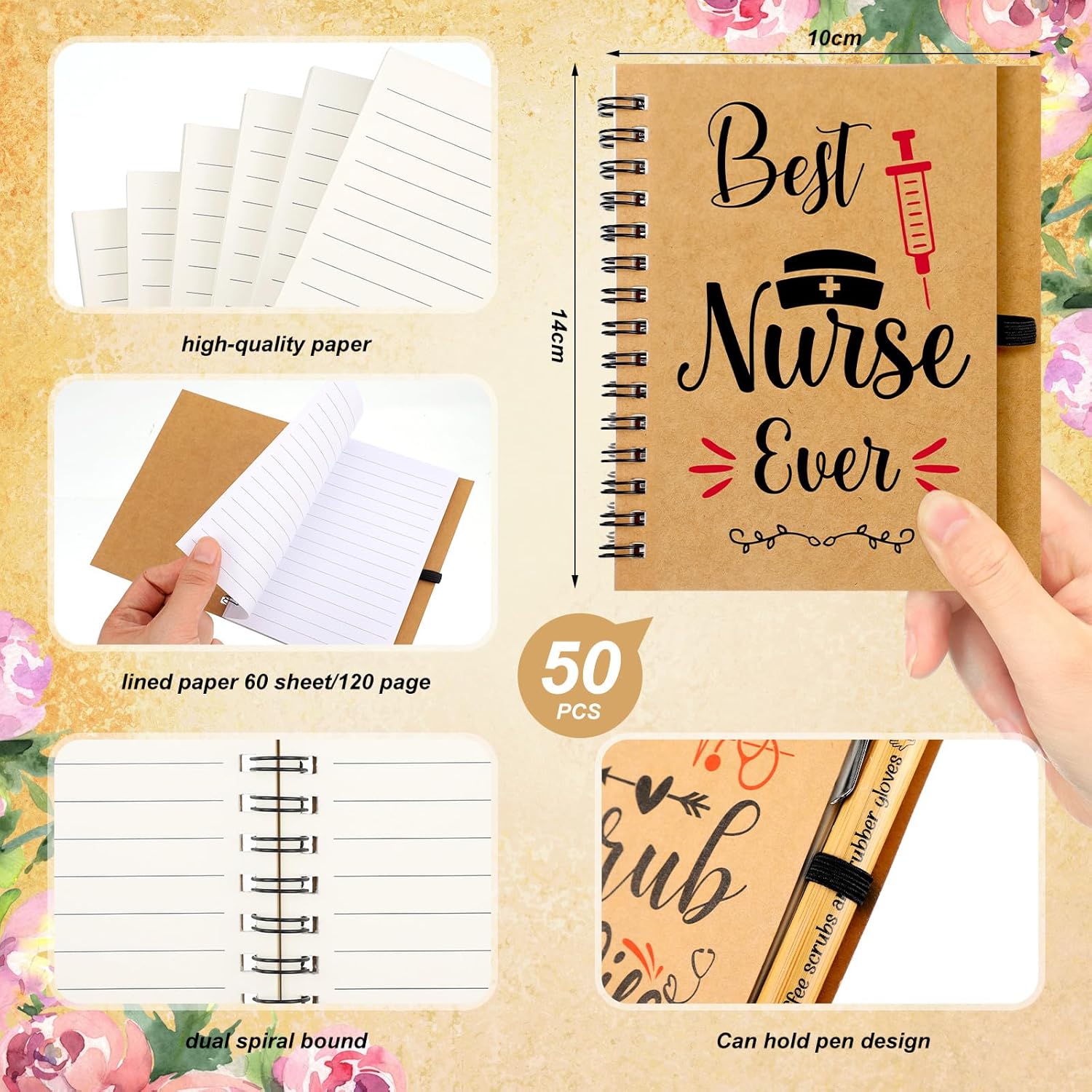 Yeaqee 100 Pcs Employee Appreciation Gifts and Church Christian Gifts Set Include 50 Pcs Spiral Notebooks 50 Pcs Employee Bible Pens for Adults Party Favors(Nurse)