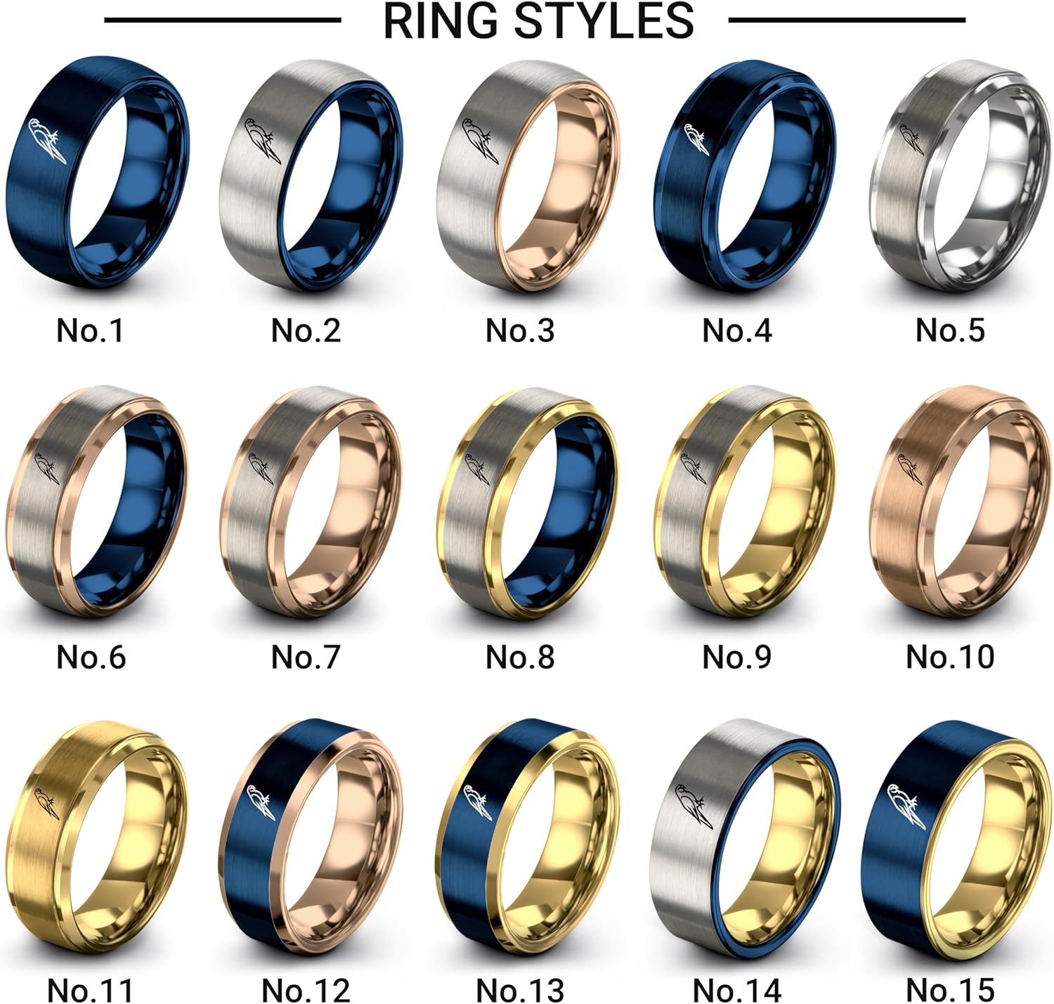 Gift for Bird Fan - Parrot Ring - 8mm - Yellow Rose Gold Blue Silver - Tungsten Carbide - Anniversary Wedding - Band - Flat Dome Bevel - Brushed Polished - Personalized Custom Engraving - Men Women