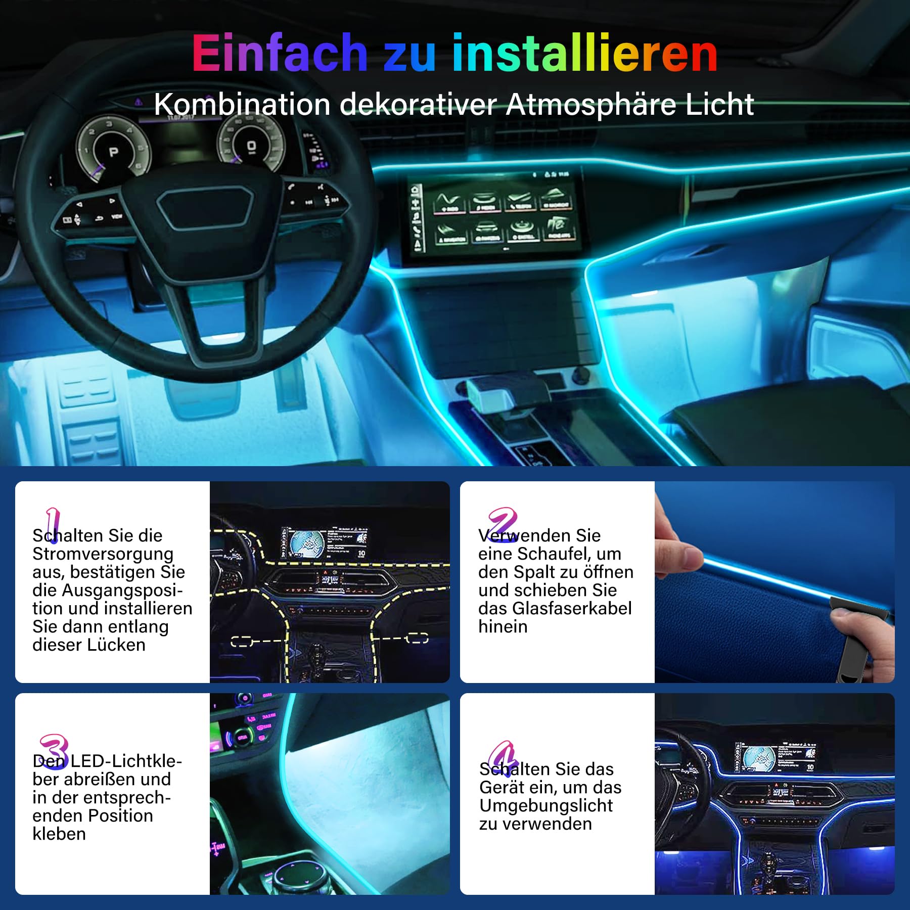 Illuminazione LED per interni auto, 5-12 V, 4 pezzi, RGB, striscia da 4 m, controllo tramite app o tasti, luce neon da ambiente, con USB, funzione a ritmo di musica