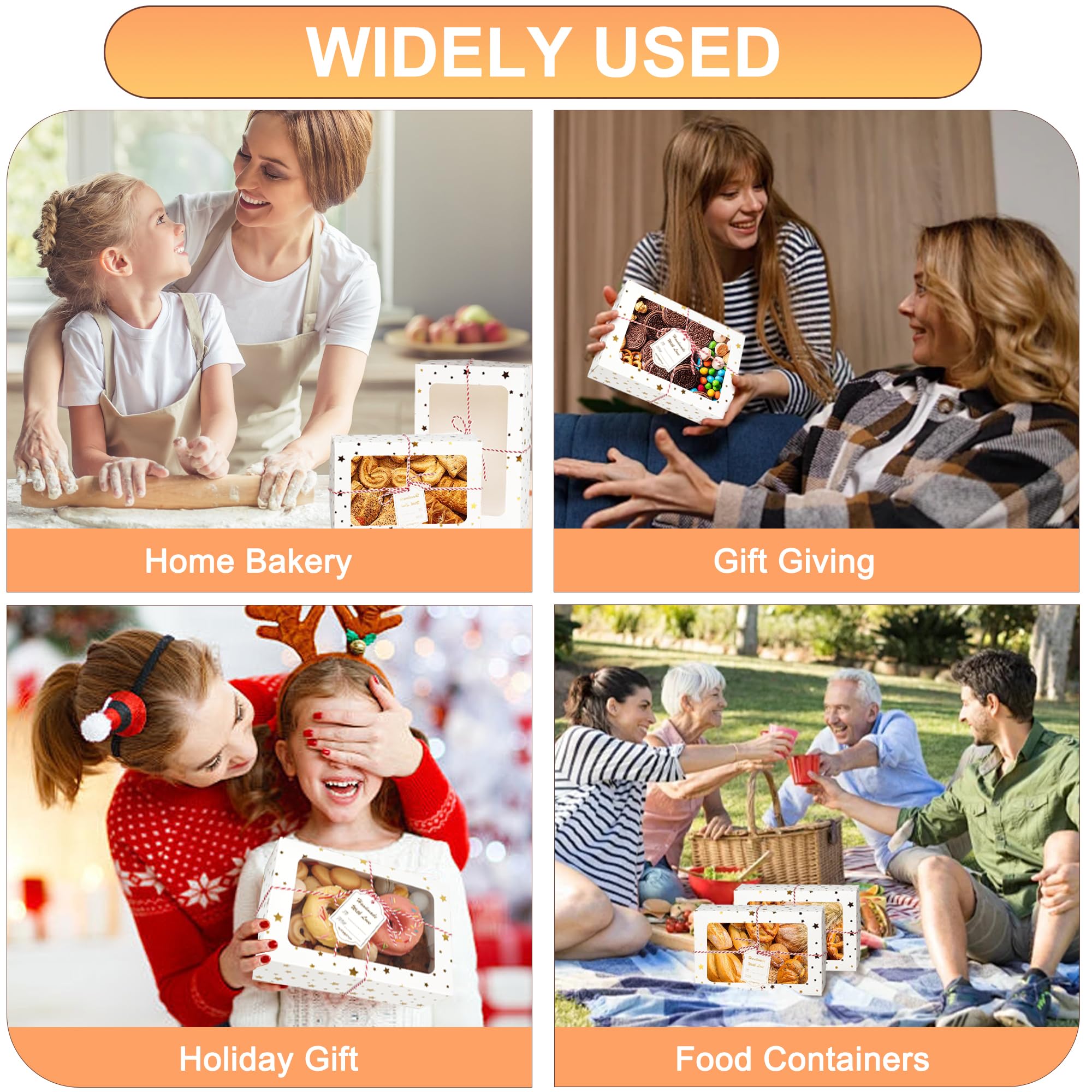 Zzrywuty 24 PCS Christmas Cookie Boxes for Gift Giving Golden Star White Bakery Boxes with Window,Christmas Treat Boxes for Pastry Dessert Cupcakes Mini Cake Pie Candy Donut,Baking Goods Packing Box