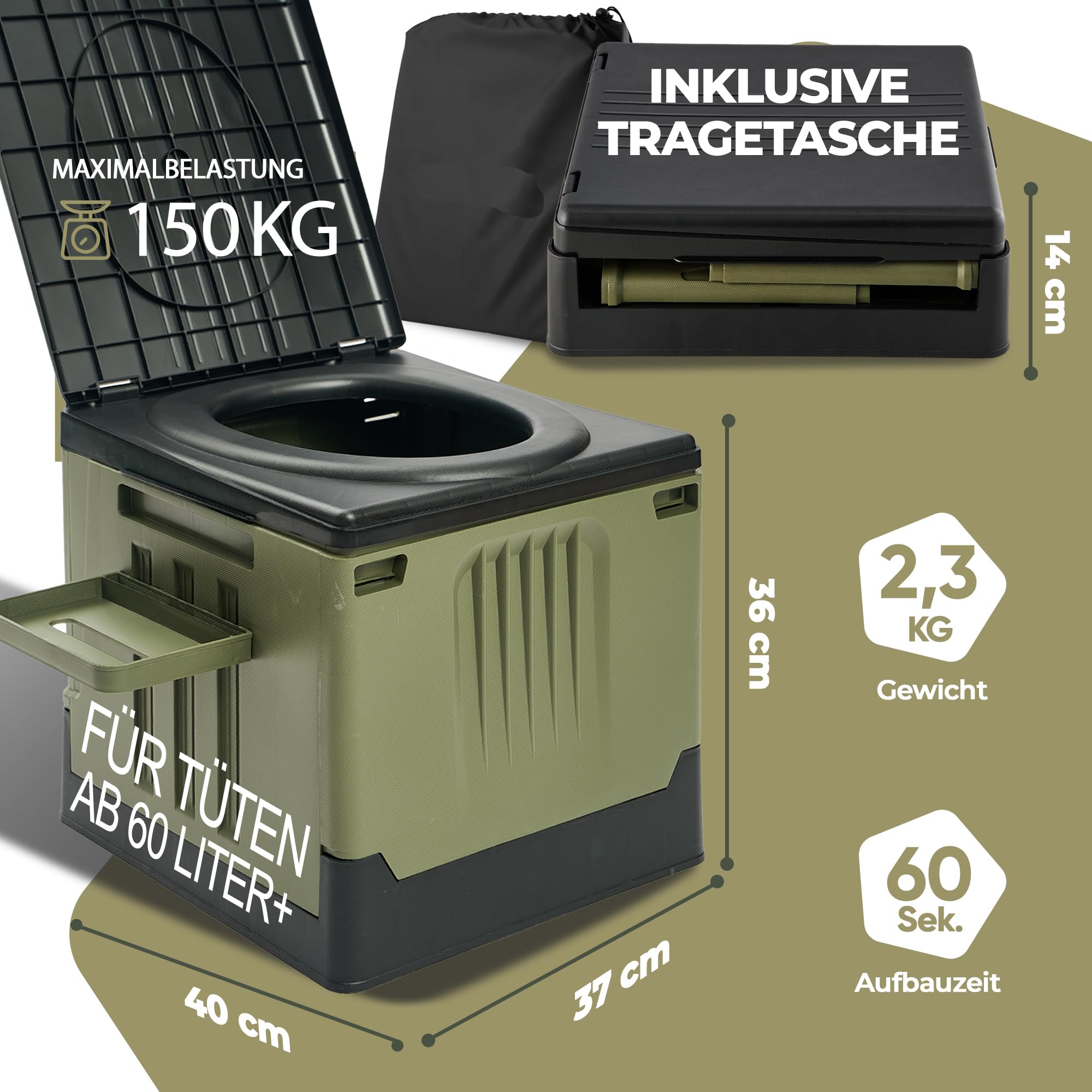 Campingtoilette faltbar | Klapptoilette bis 150 kg inkl. Ablagefach & 12x Tüten | Mobile Toilette Camping WC | Outdoor, Festival, Stau, Notfall | Größe M grün