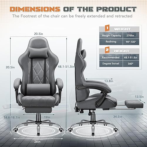 Miniatura 3 de Furmax Silla para videojuegos, silla de videojuegos con reposapiés y soporte lumbar de masaje, asiento giratorio de tela transpirable, silla de