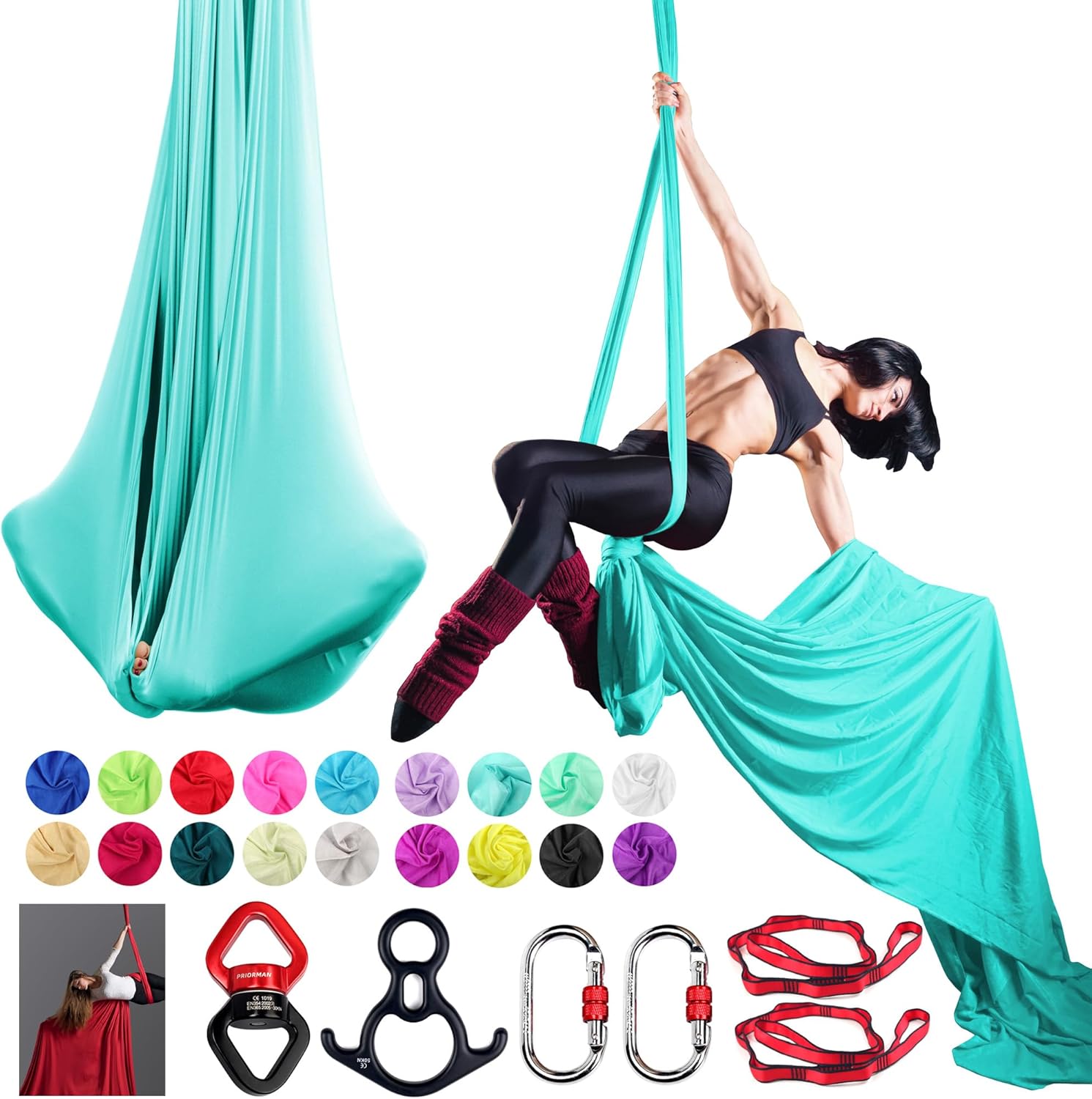 Aerial Silks Set, Premium Ariel Yoga Hammock 9 Yards Aerial Silk, Low-Stretch Fabric, Yoga Starter Kit for Home, Aerial Rig for All Skill Levels – All Hardware Included