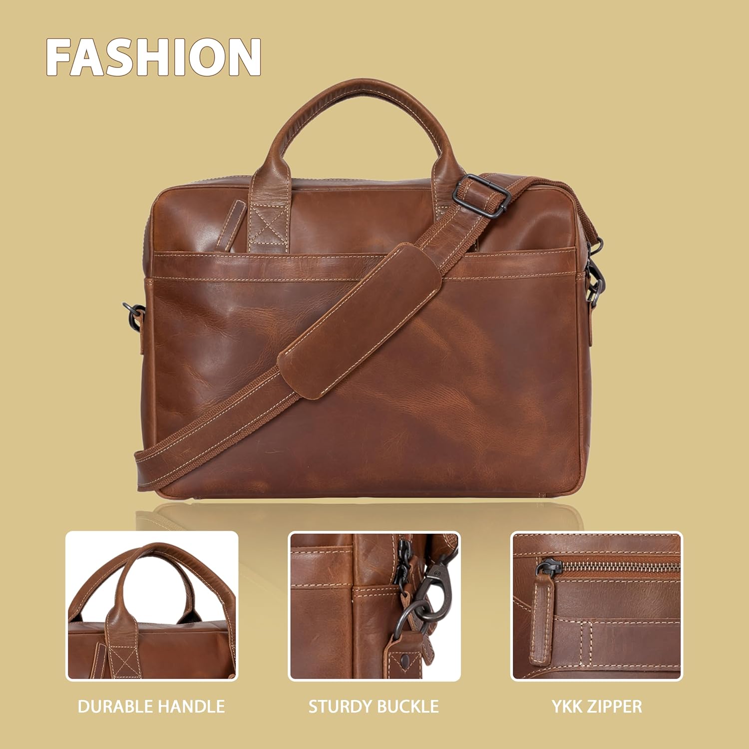 J.D. LEATHERS 15.5-inch Vintage Full Grain Buffalo Leather Briefcase - Rugged Messenger Bag for Men & Women